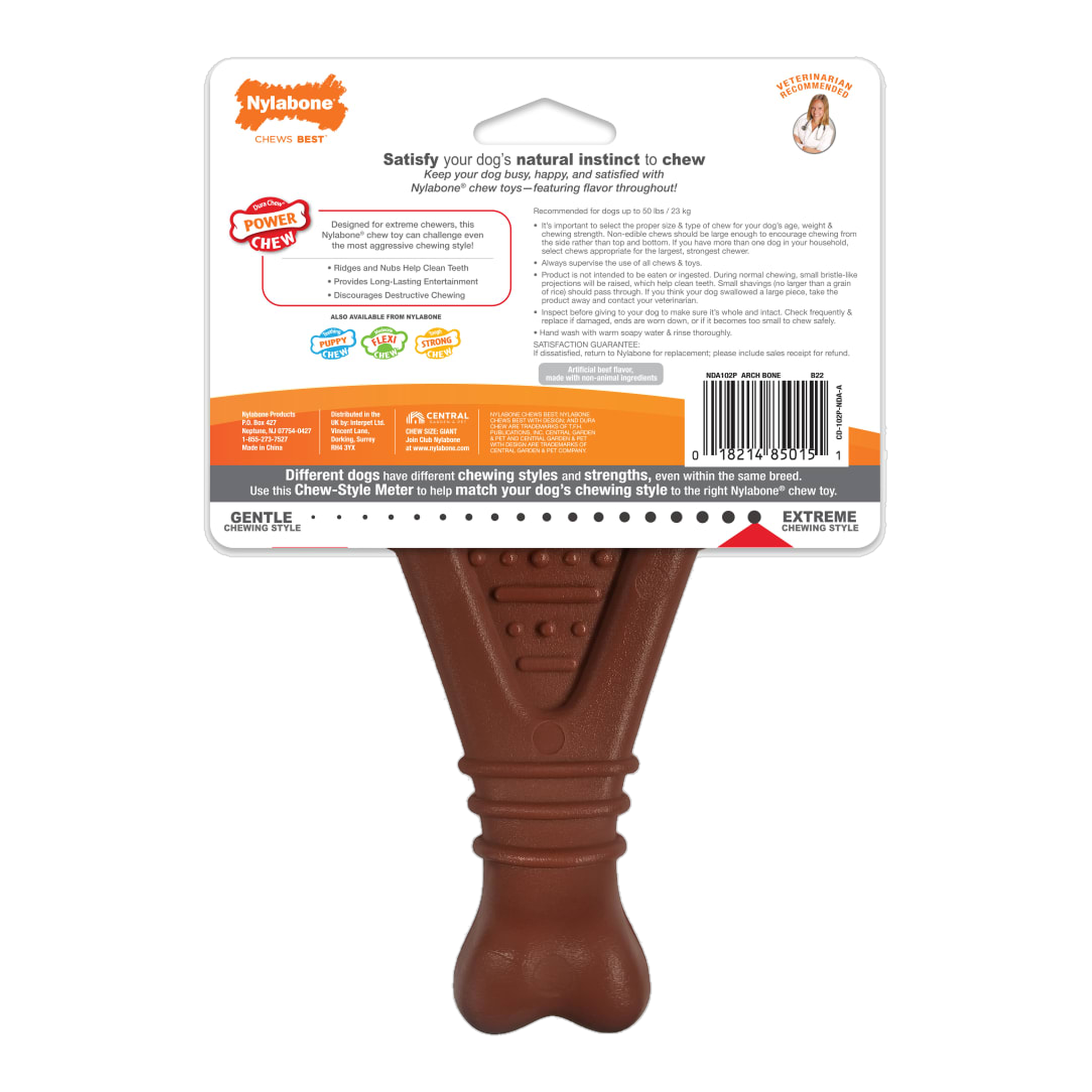 Nylabone Power Chew Arch Bone Dog Dental Chew Toy Beef Large package back with care and safety information