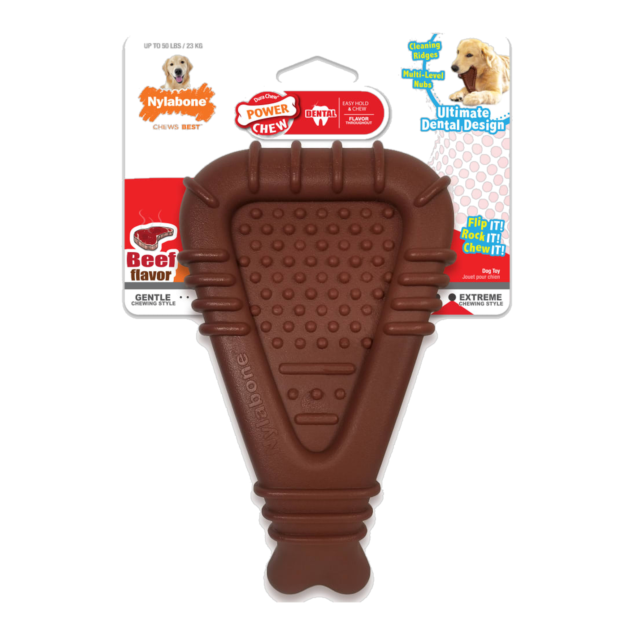 Nylabone Power Chew Arch Bone Dog Dental Chew Toy Beef Large in package, front