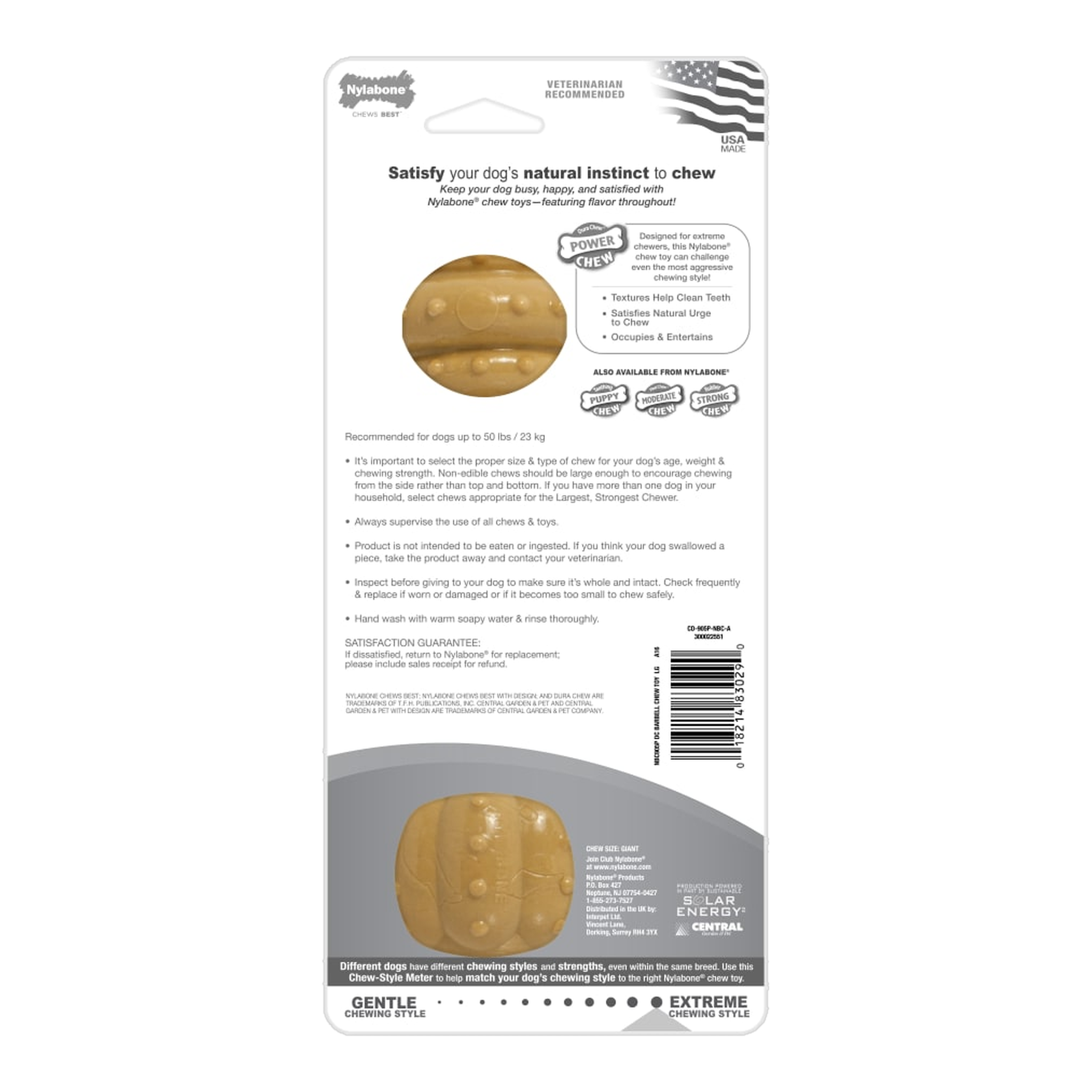 Nylabone Barbell Power Chew Durable Peanut Butter Large package back with care and safety information