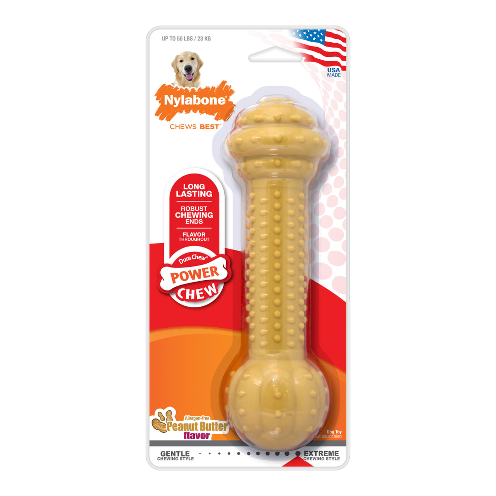 Nylabone Barbell Power Chew Durable Peanut Butter Large in package, front
