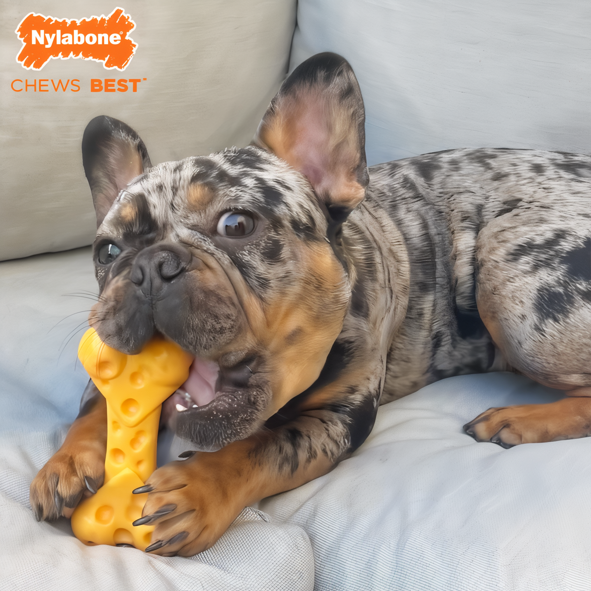 Dog chewing the Nylabone Power Chew Cheese Bone (Medium), view 1