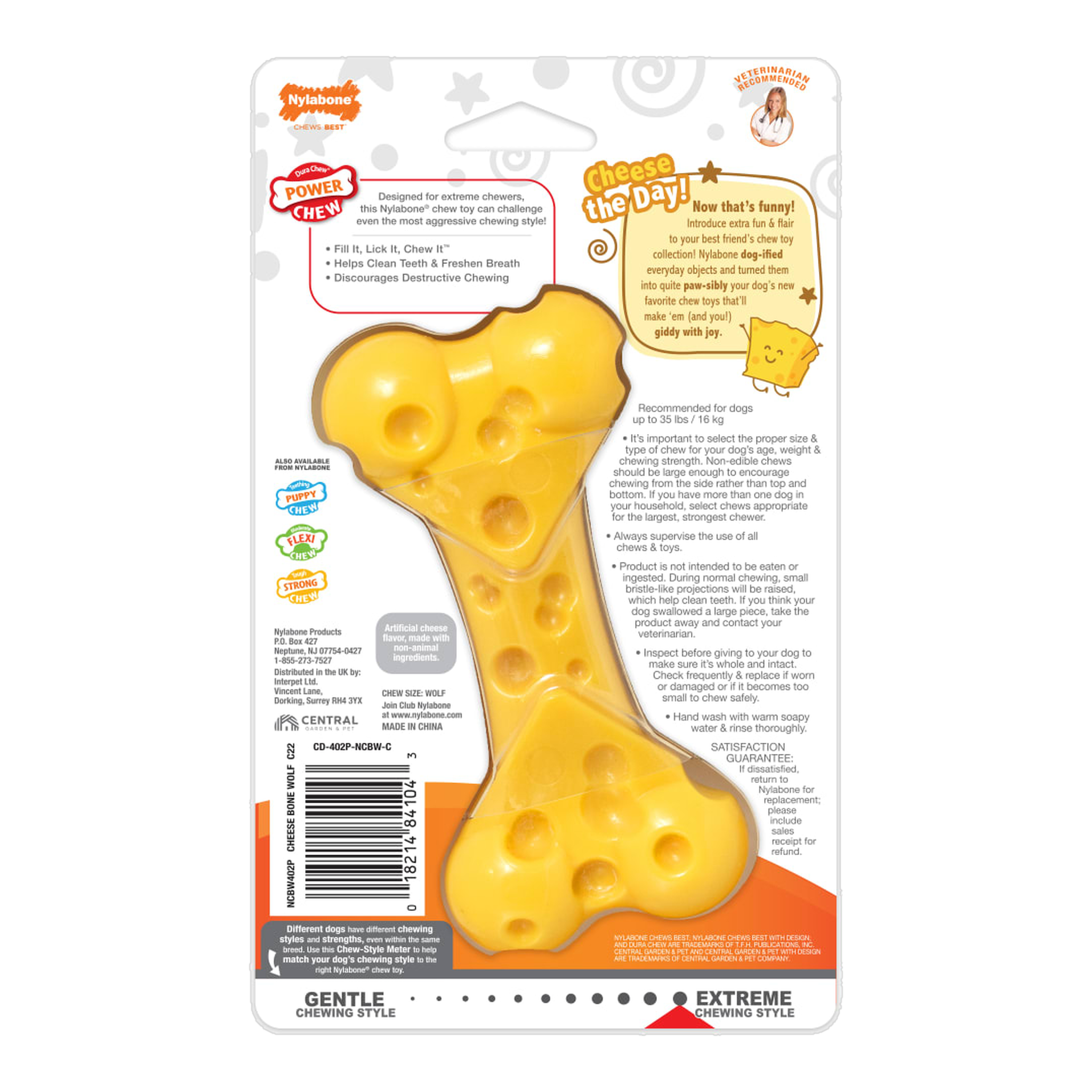 Nylabone Power Chew Cheese Bone package back with care and safety information (Medium)