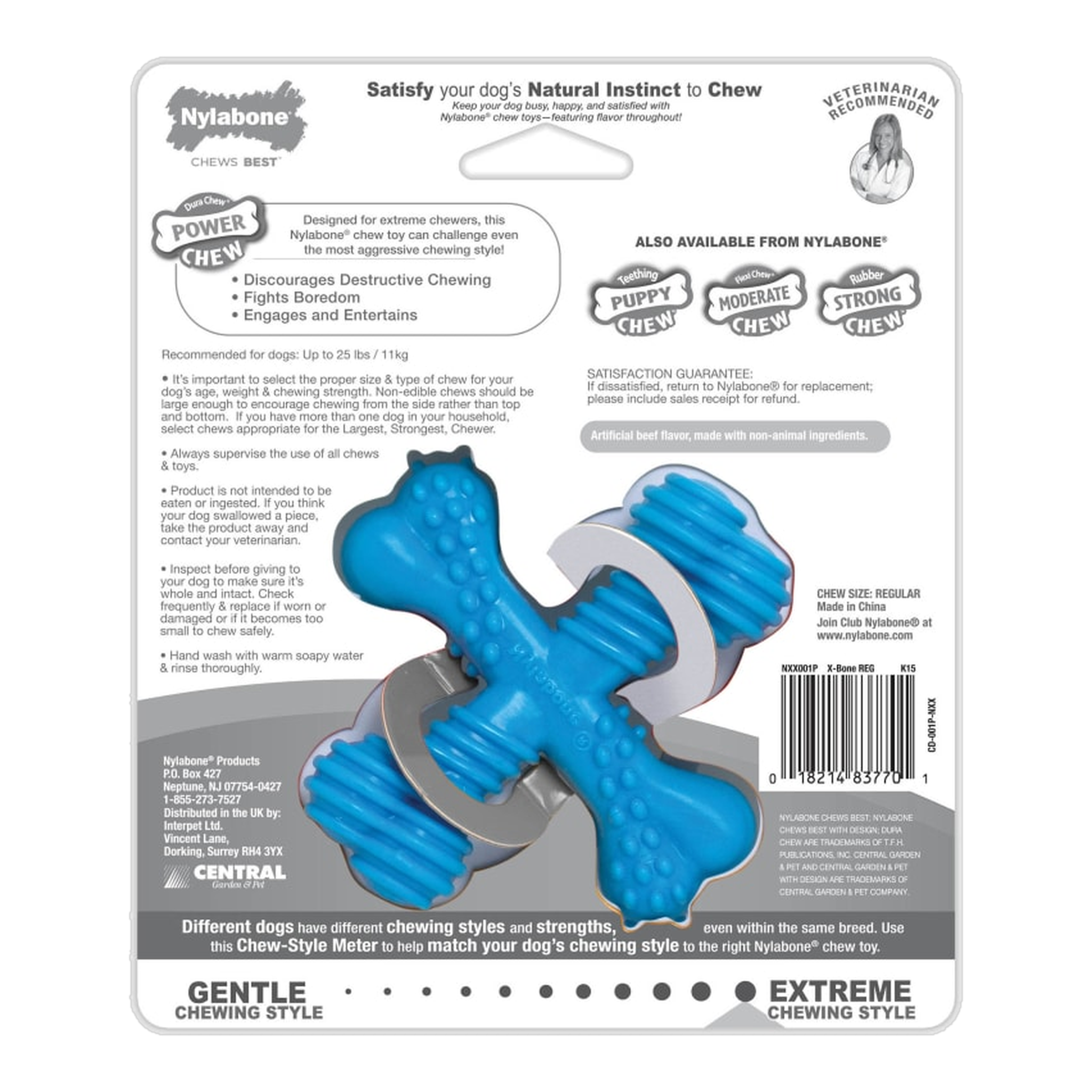 Nylabone Power Chew Comfort Hold X Bone Beef package back with care and safety information (Regular)