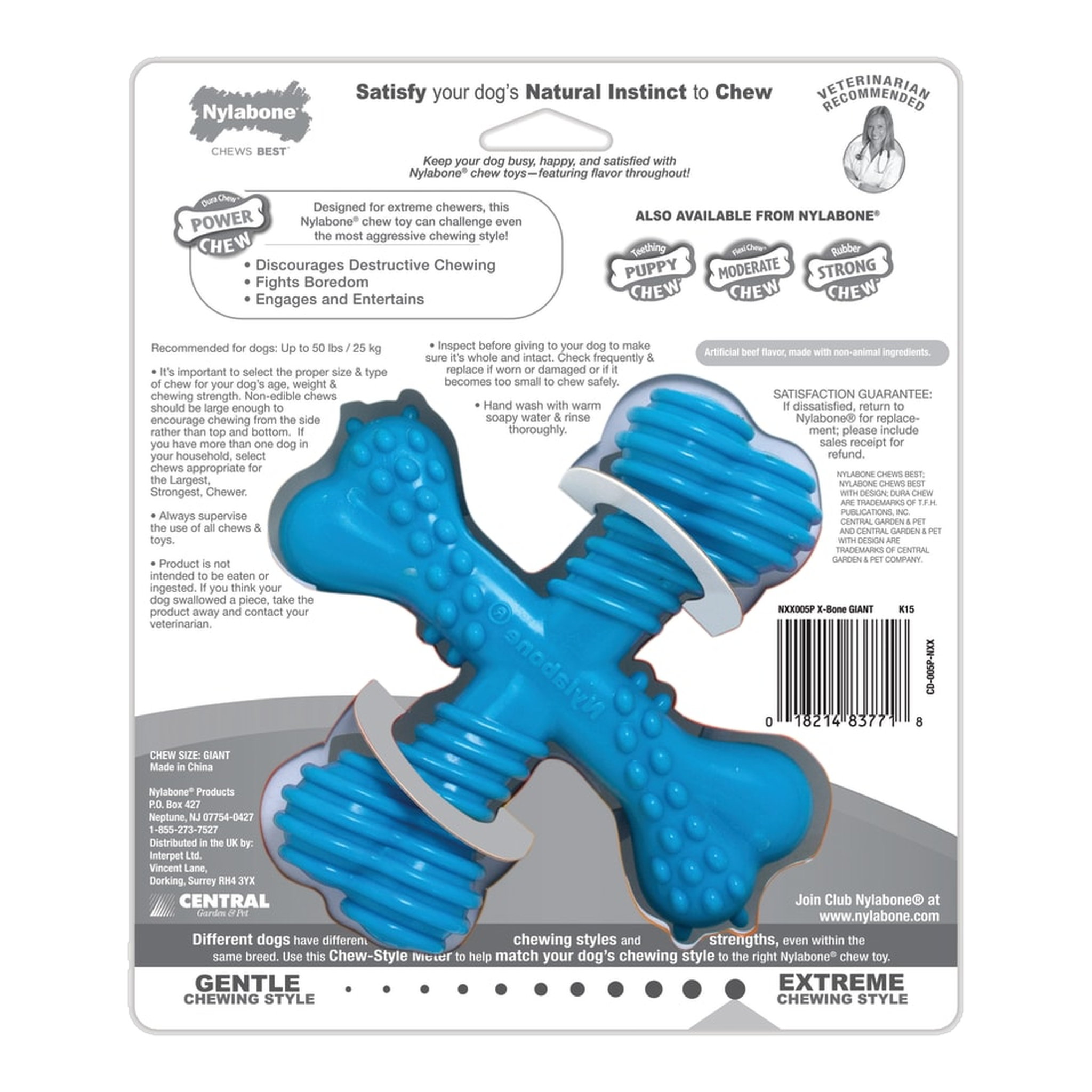 Nylabone Power Chew Comfort Hold X Bone Beef package back with care and safety information (Giant)