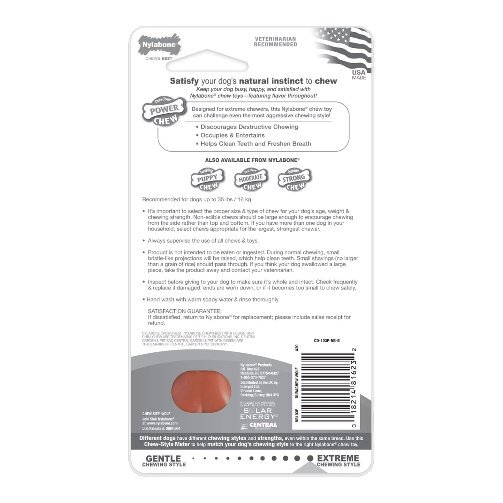 Nylabone Power Chew Original Bone Bacon Medium package back with care and safety information
