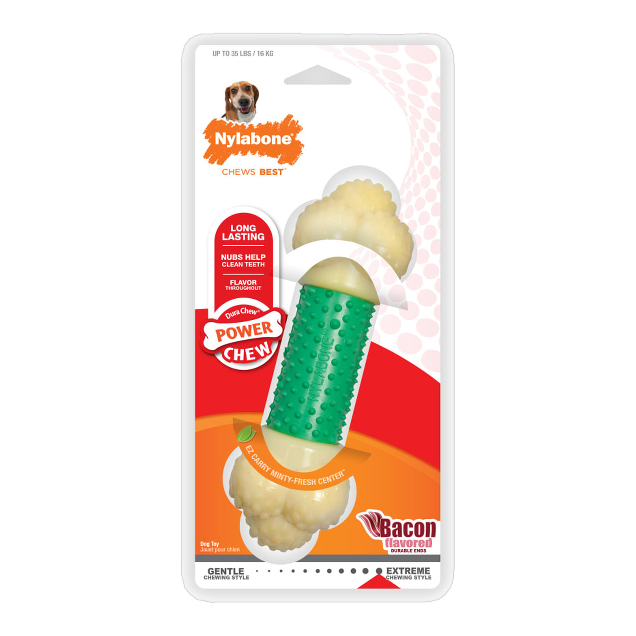 Nylabone Power Chew Double Action Bone Bacon Medium in package, front