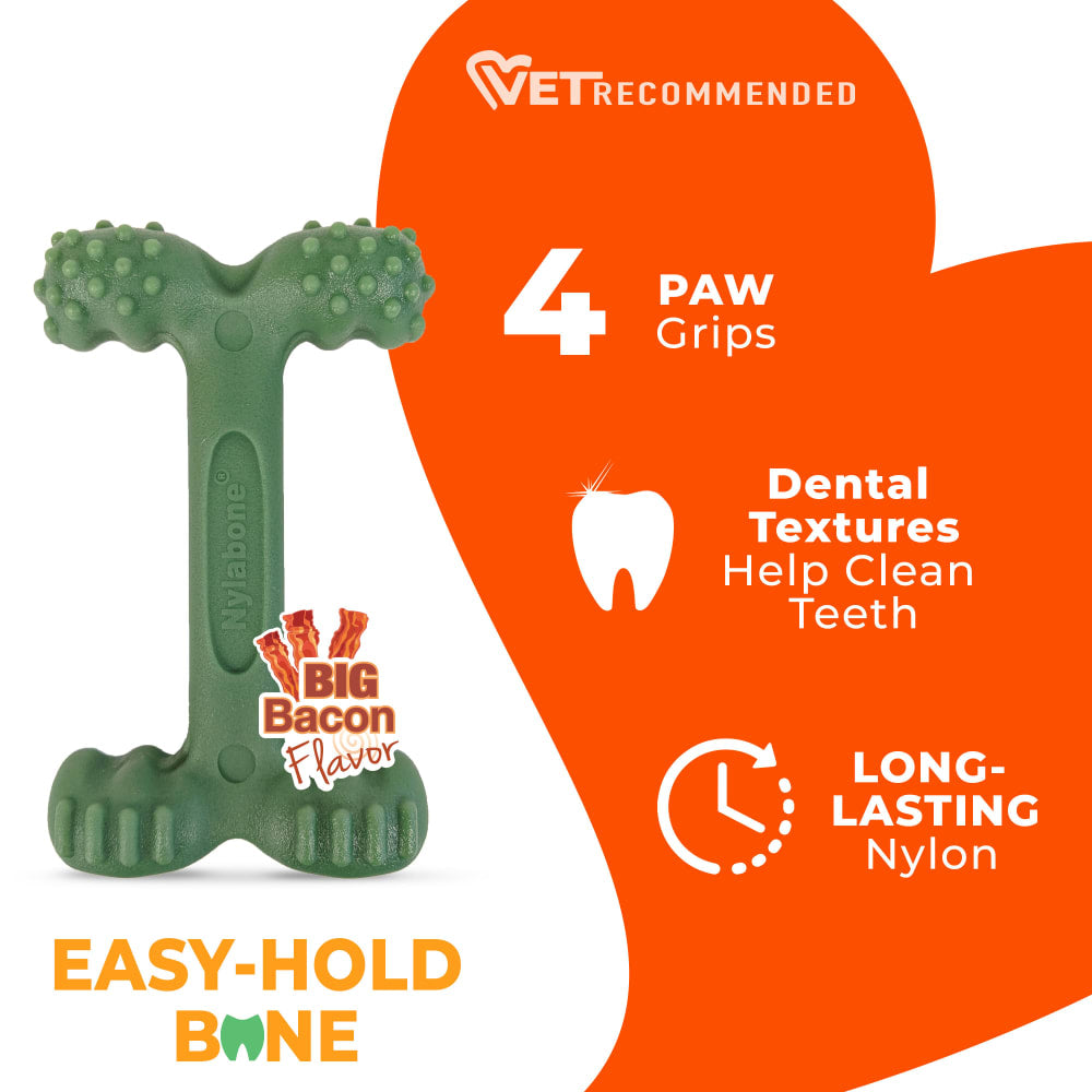 Easy Hold Bone features: big bacon flavor, paw grips, vet recommended, durable nylon