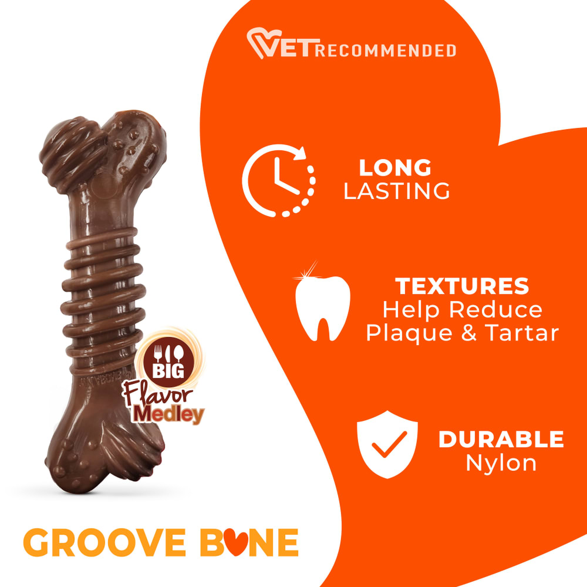 Nylabone Power Chew Groove Bone Flavor Medley Medium features and benefits