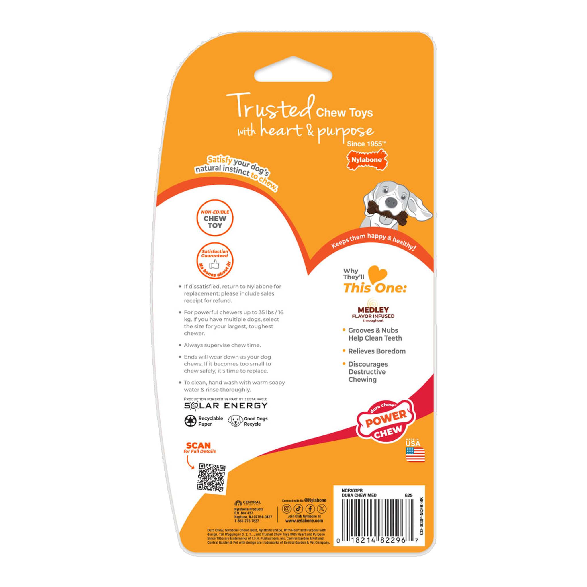 Nylabone Power Chew Groove Bone Flavor Medley Medium package back with care and safety information