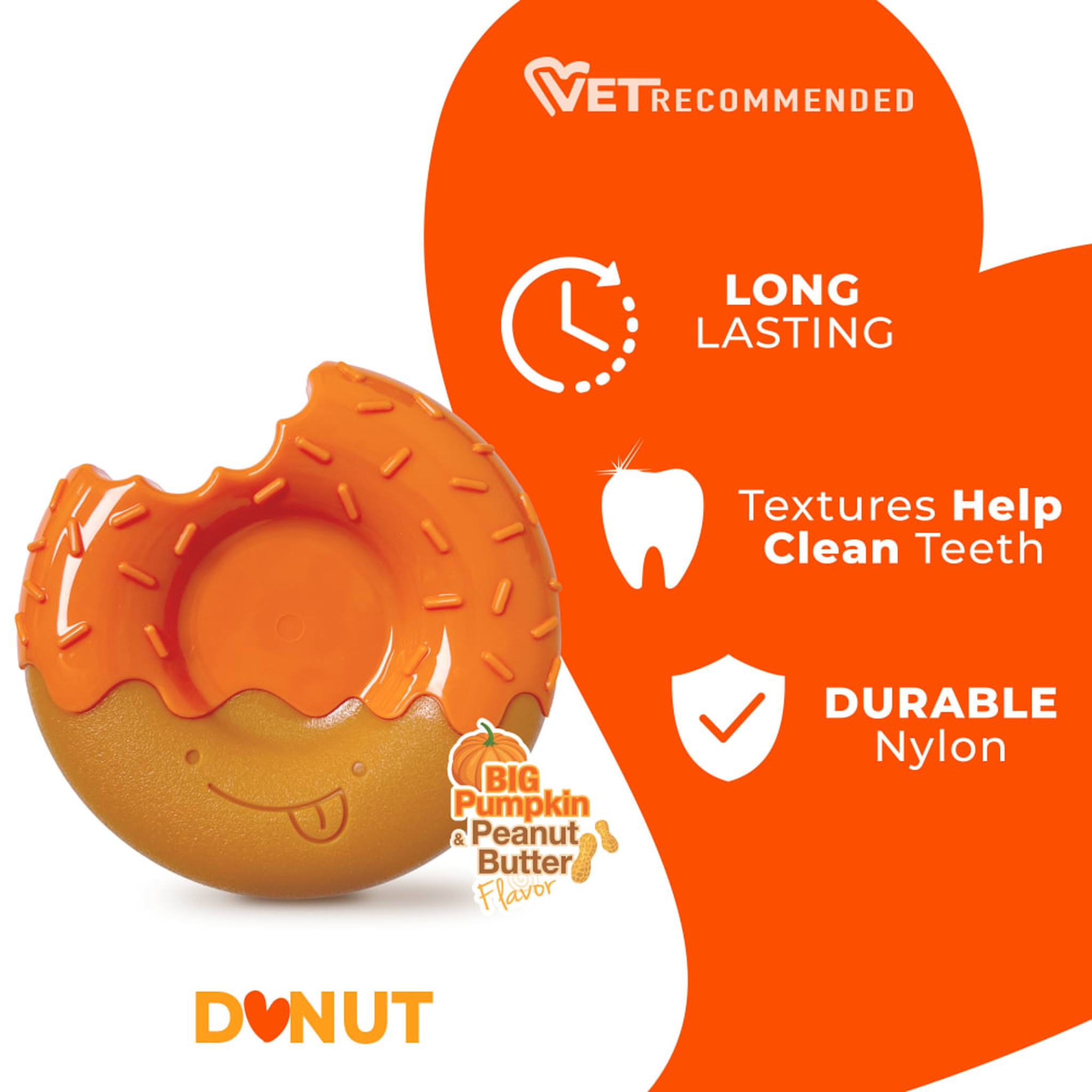 Nylabone Power Chew Donut 70th Birthday Orange Pumpkin & Peanut Butter Large features and benefits
