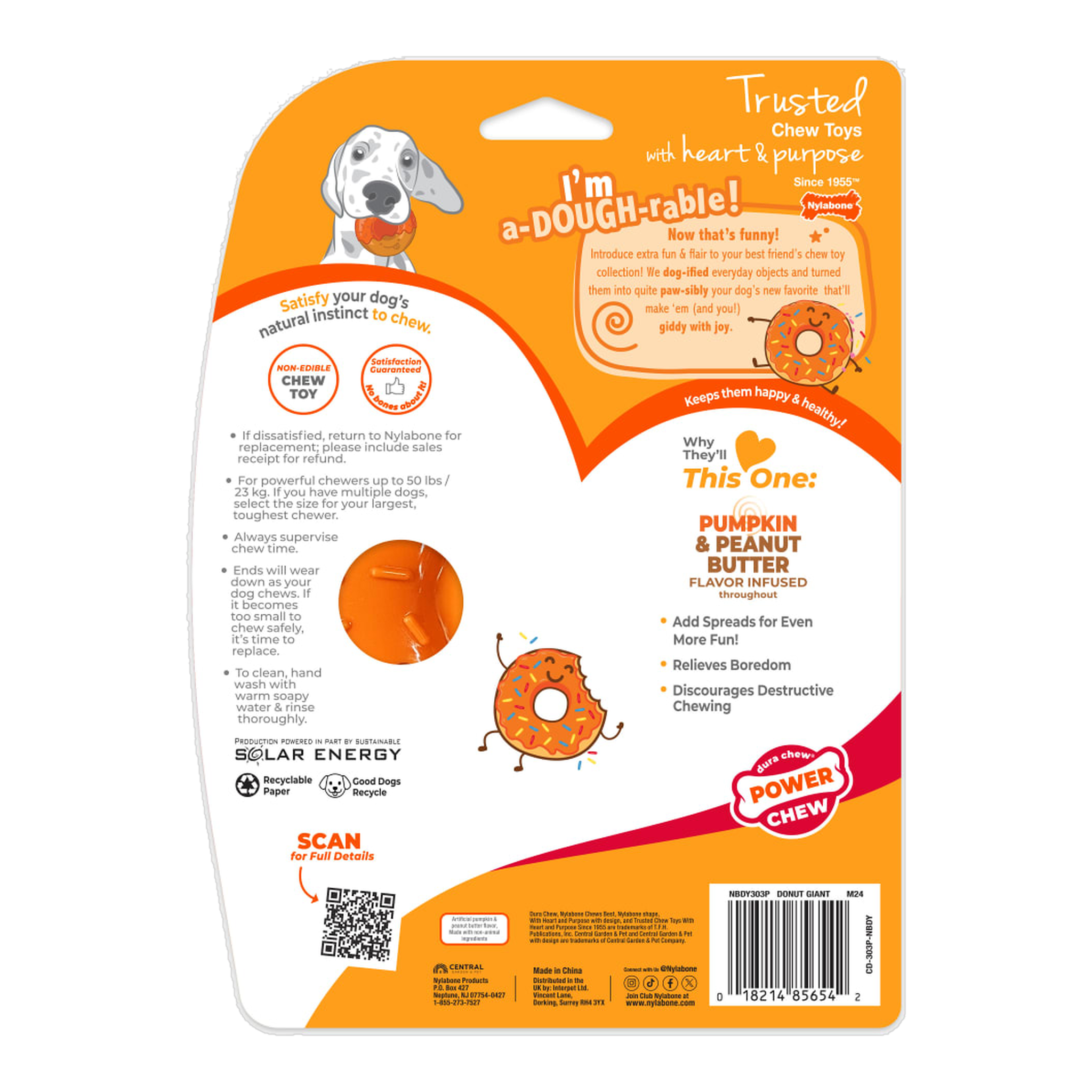 Nylabone Power Chew Donut 70th Birthday Orange Pumpkin & Peanut Butter Large package back with care and safety information