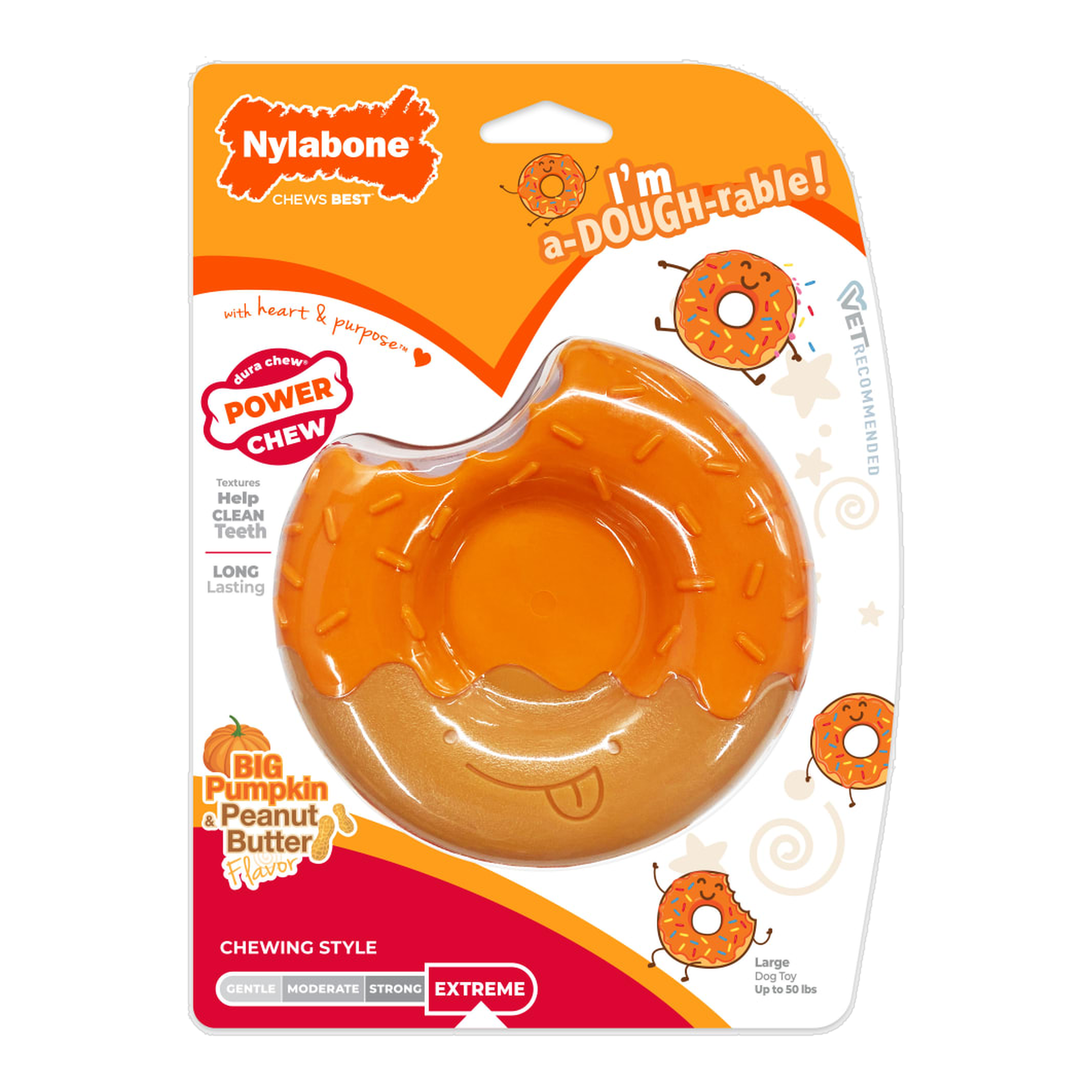 Nylabone Power Chew Donut 70th Birthday Orange Pumpkin & Peanut Butter Large in package, front