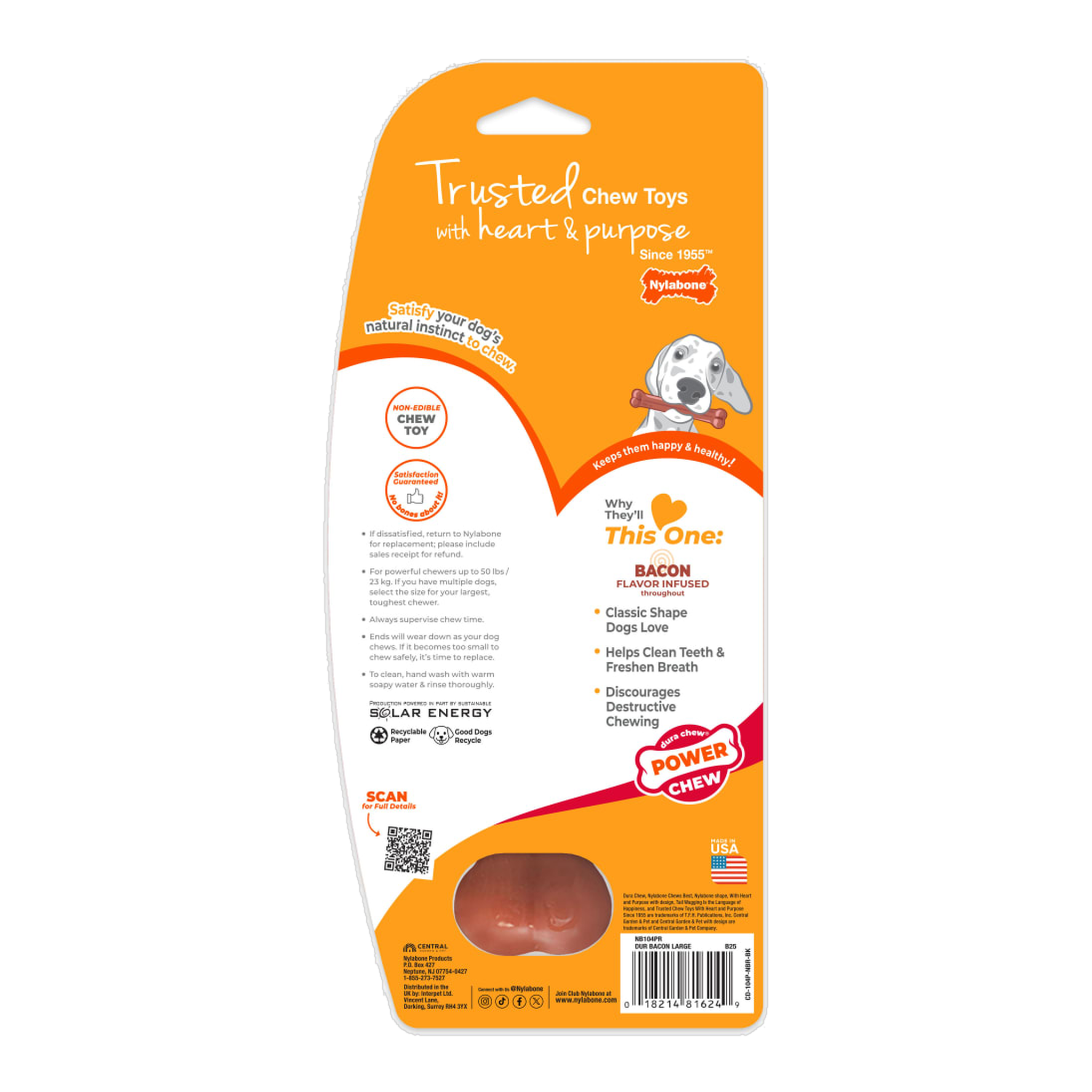 Nylabone Power Chew Original Bone package back with care and safety information (Bacon, Large)