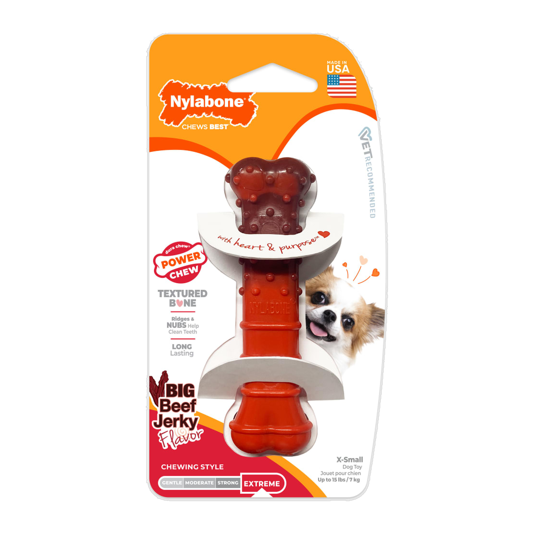 Nylabone Power Chew Textured Bone dog chew toy in beef jerky flavor, X-Small size, front of package