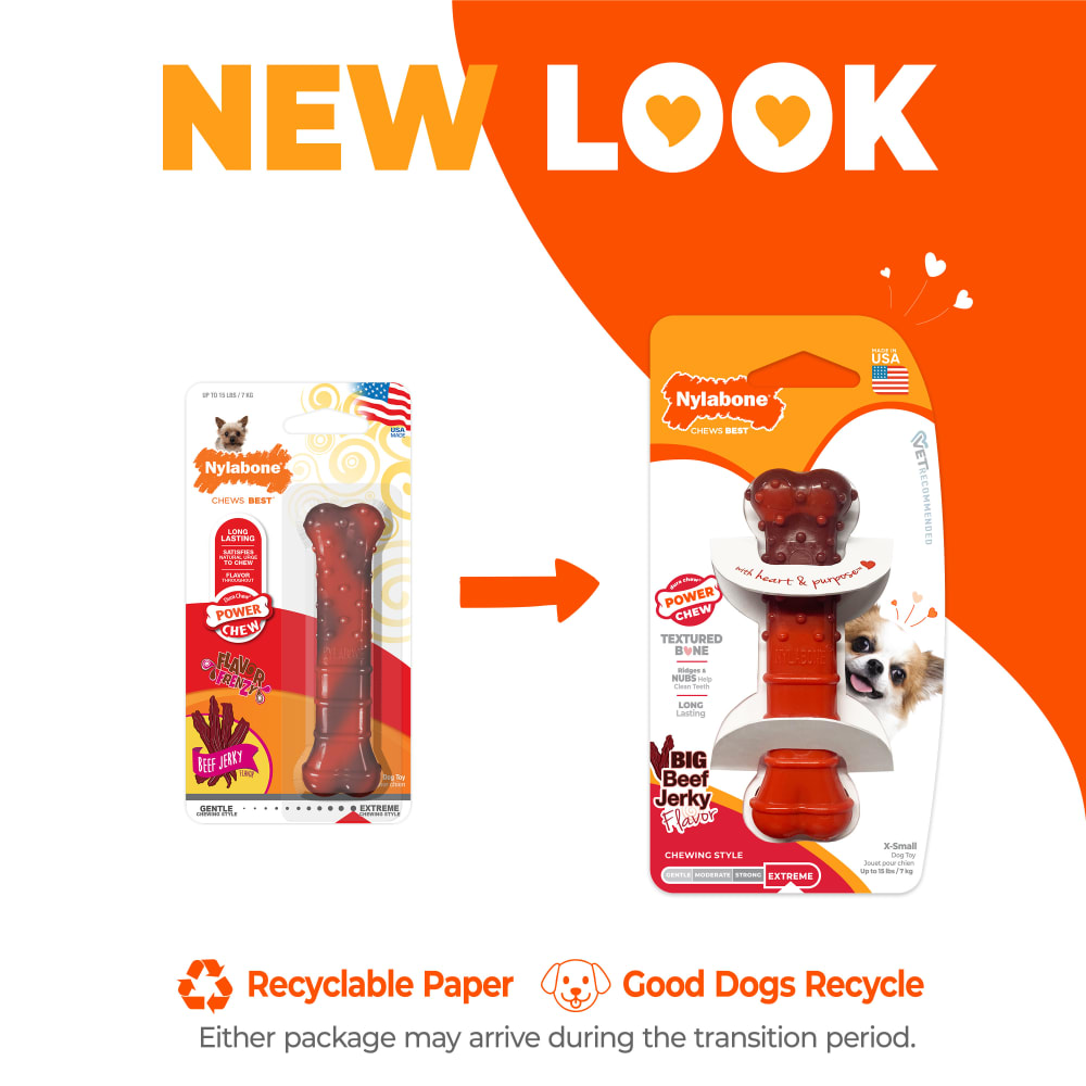Nylabone Power Chew Textured Bone packaging comparison, either package may arrive during the transition