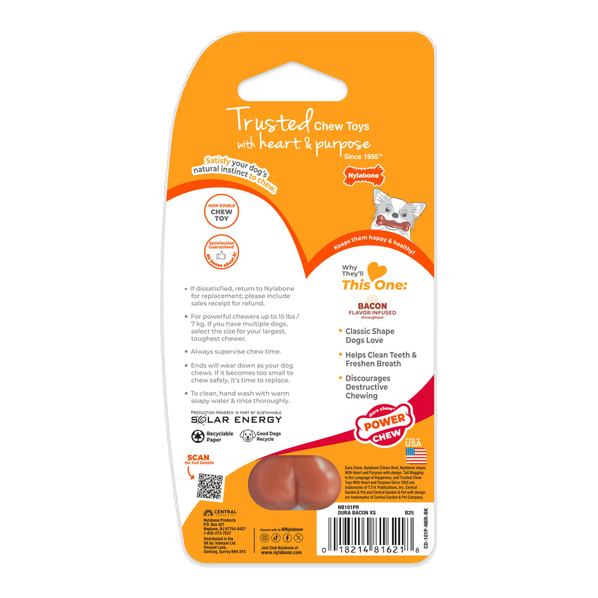 Nylabone Power Chew Original Bone Bacon X-Small package back with care and safety information