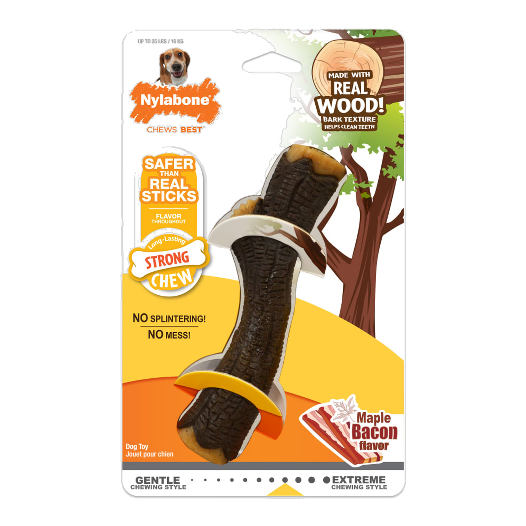 Nylabone Strong Chew Real Wood Stick Maple Bacon Medium in package, front