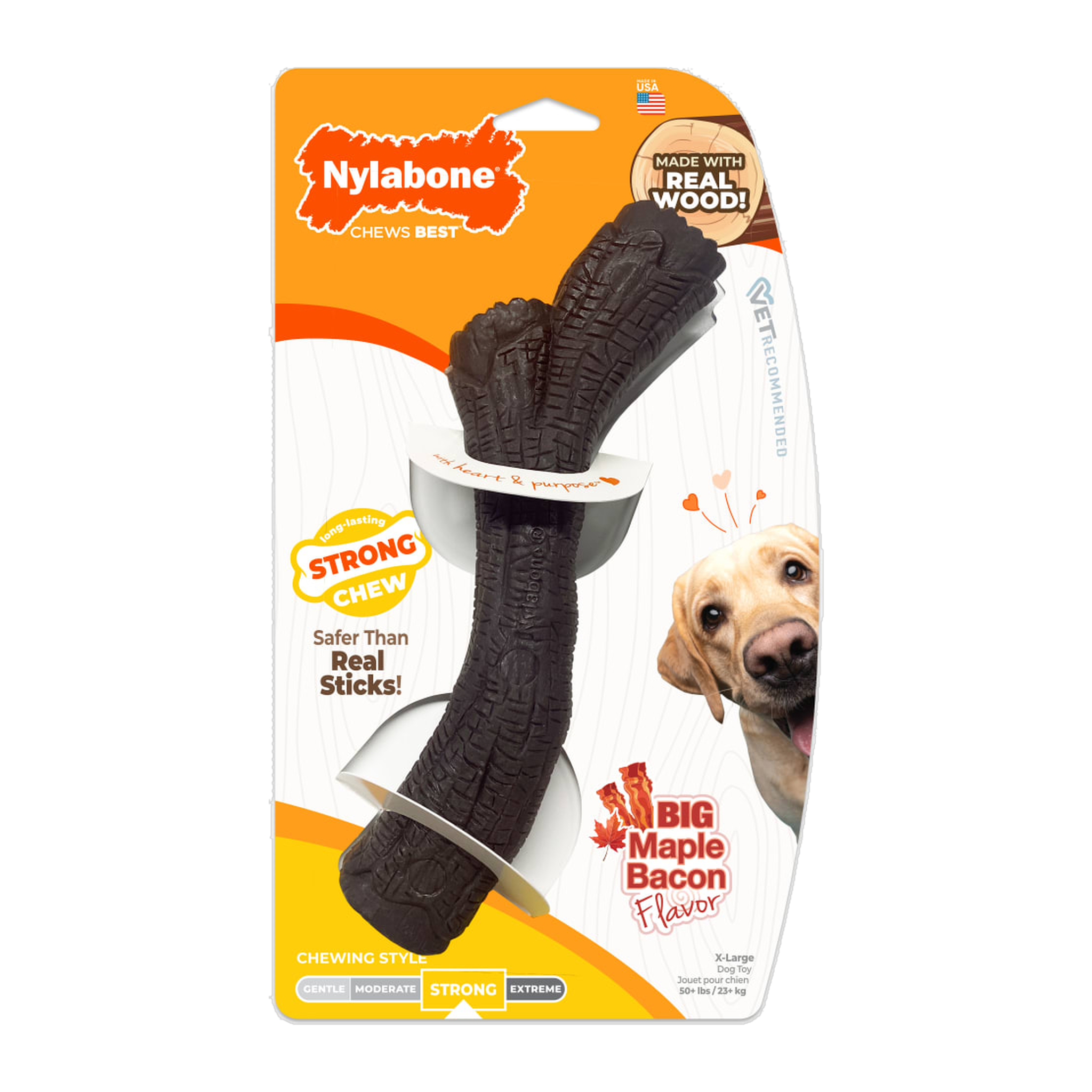 Nylabone Strong Chew Real Wood Stick dog toy in maple bacon flavor, X-Large size, front of package #X-Large/Souper - 50+ lbs.#Maple Bacon