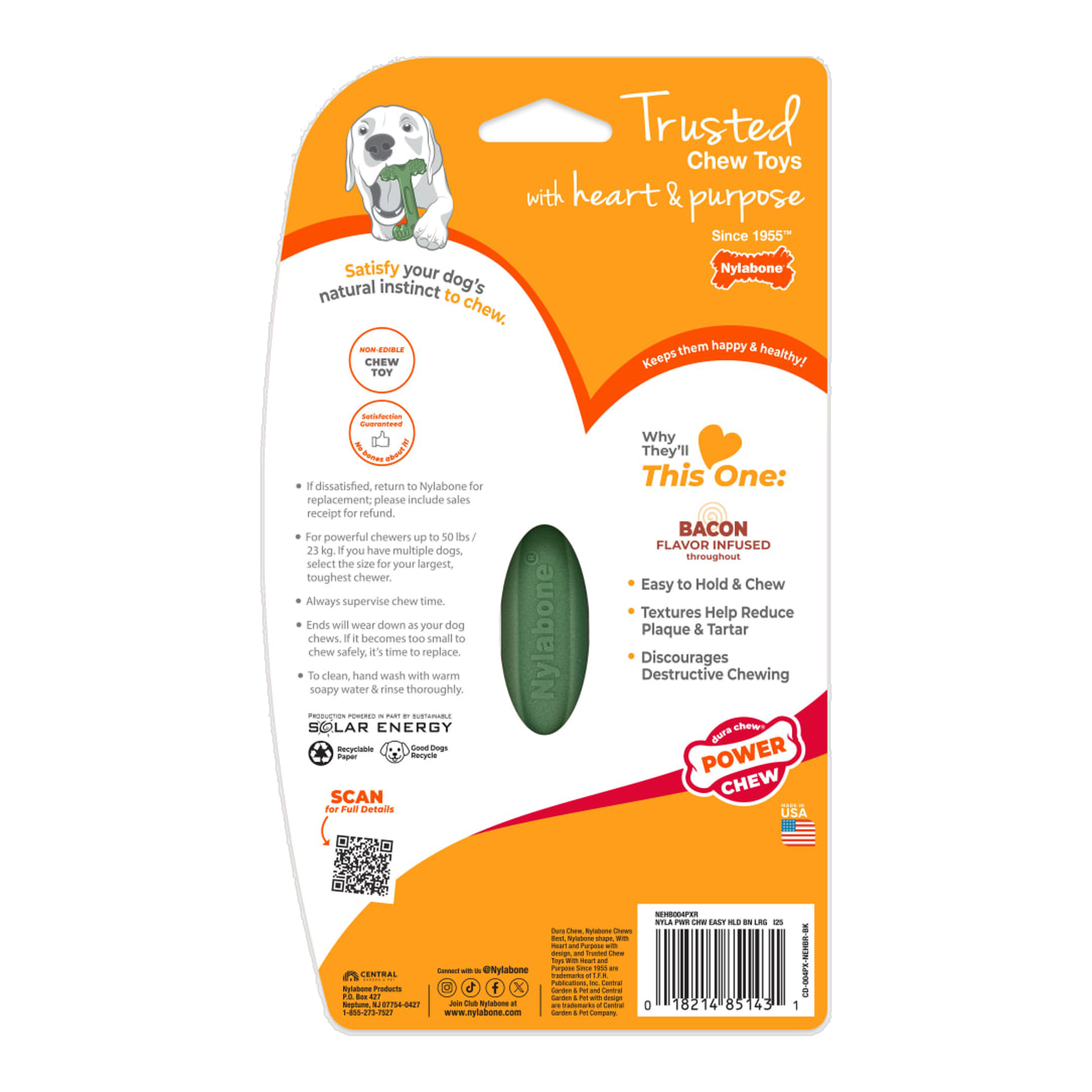 Nylabone Power Chew Easy Hold Bone Bacon Large package back with care and safety information