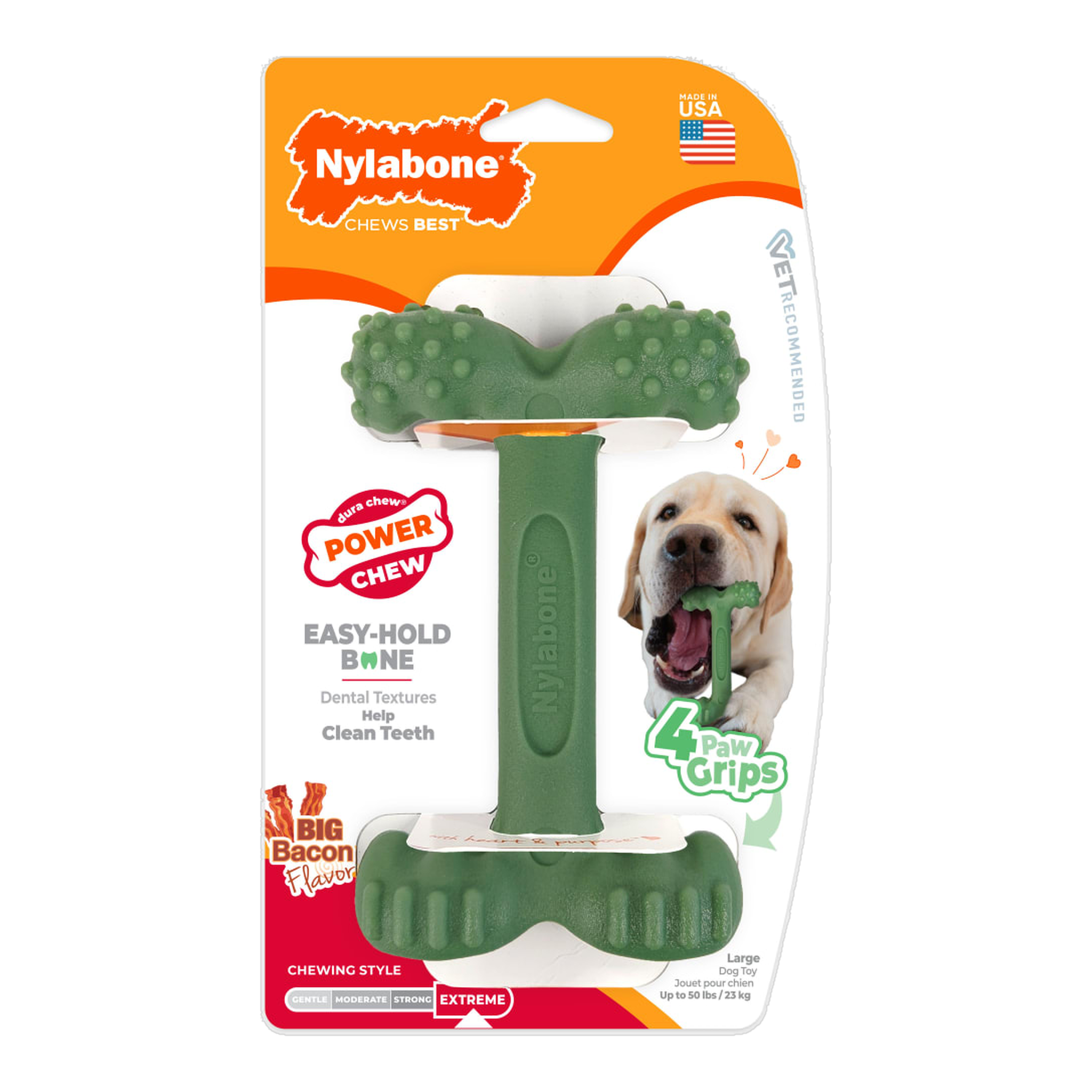 Nylabone Power Chew Easy Hold Bone Bacon Large in package, front
