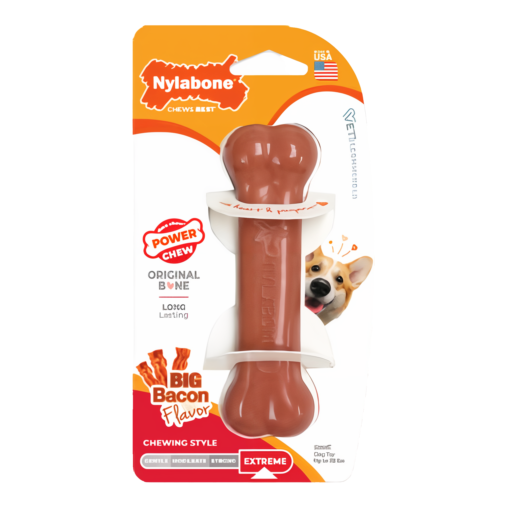 Small Nylabone Power Chew Original Bone Dog Chew Toy with bacon flavor.