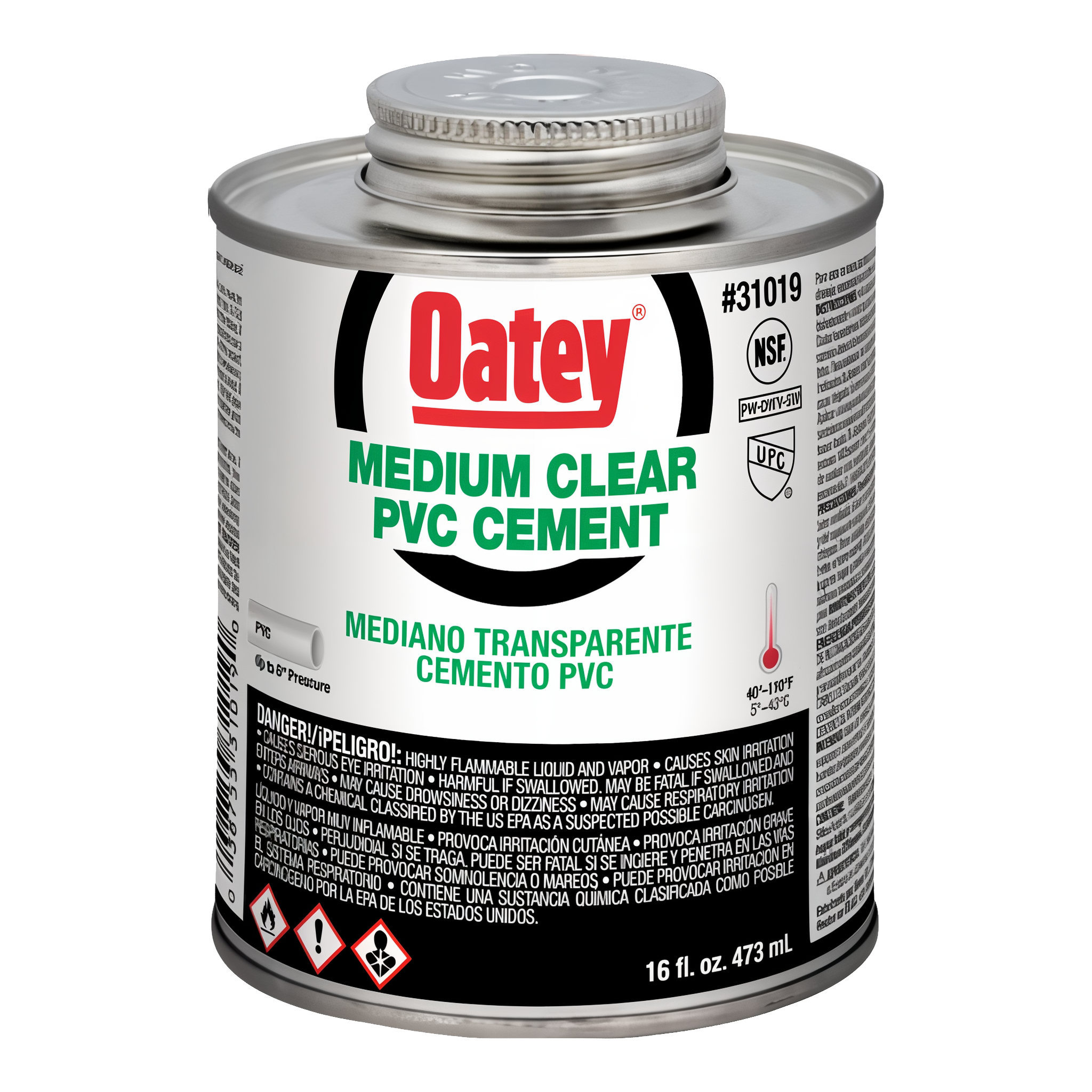 Oatey Medium Clear PVC Cement 16 fl oz can, clear-curing solvent weld