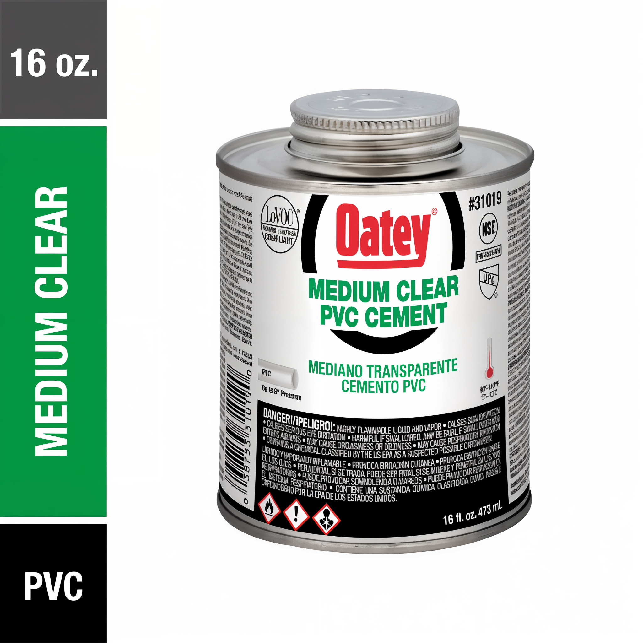 Oatey Medium Clear PVC Cement feature graphic showing pipe-size range and pressure rating