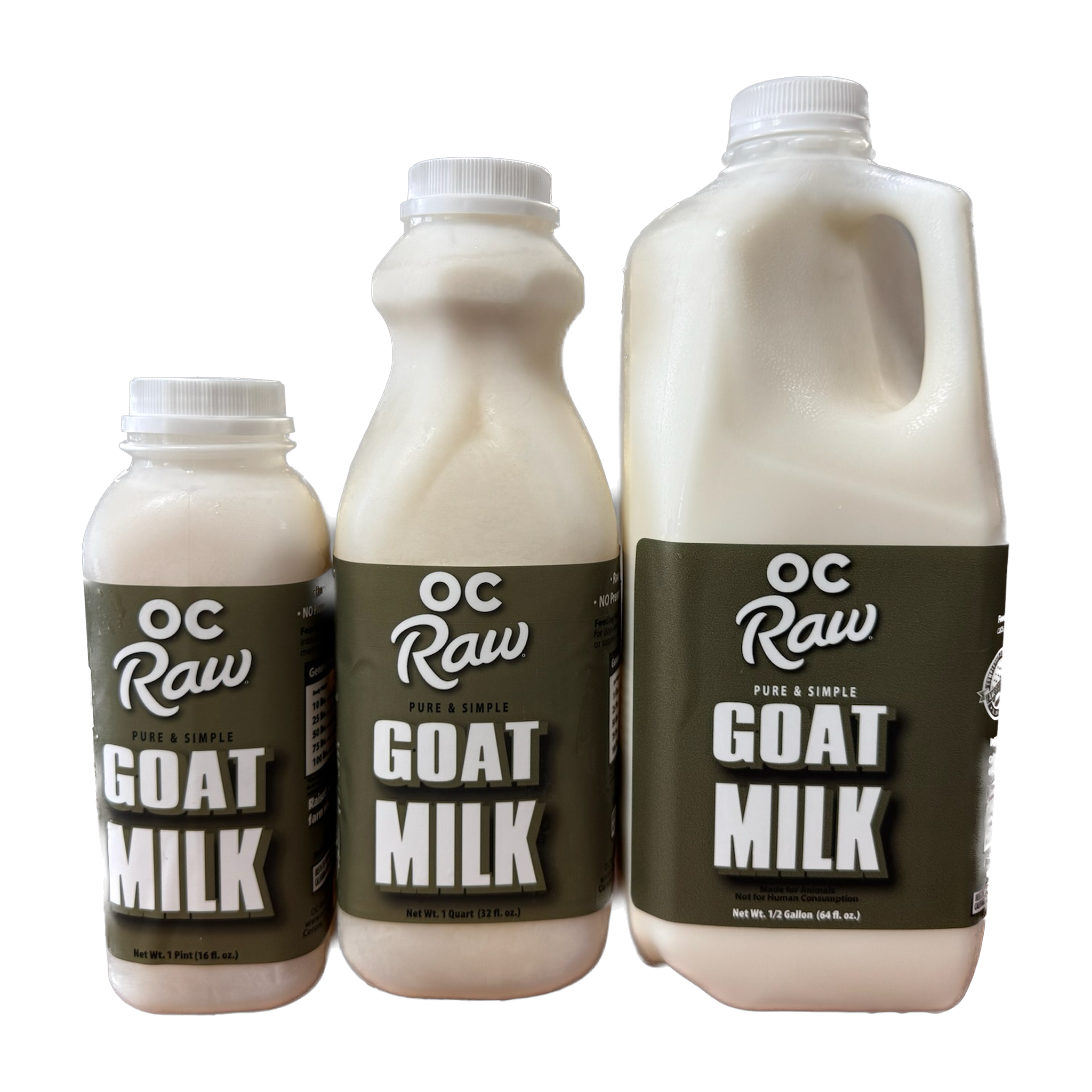 OC Raw Dog Pure and Simple Goat Milk shown in all three sizes: 16 fl oz pint, 32 fl oz quart, and 64 fl oz half gallon bottles