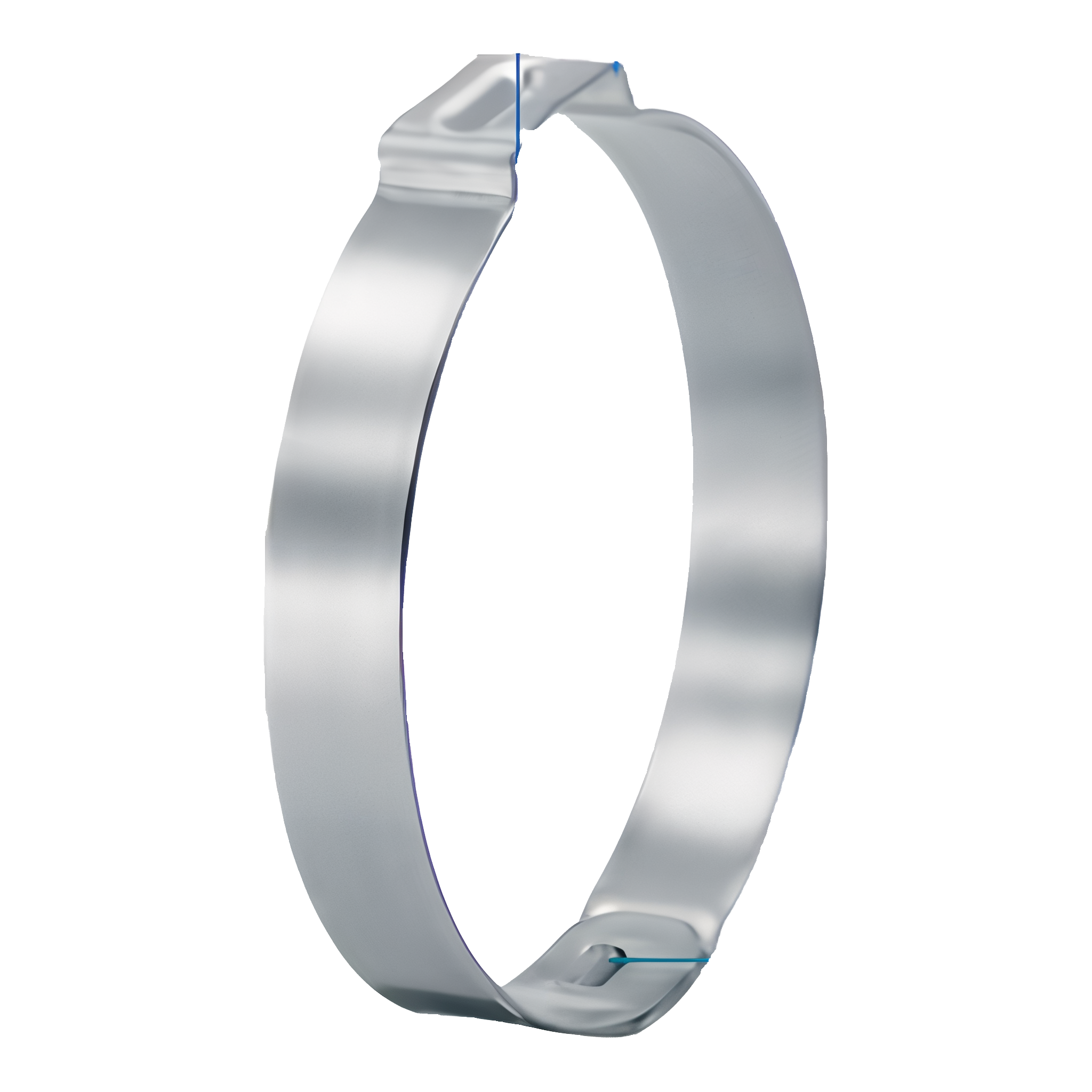 Oetiker 15500220 1-inch stainless steel 1-ear hose clamp with mechanical interlock and ToolFit pre-crimped ear, diagram view on transparent background