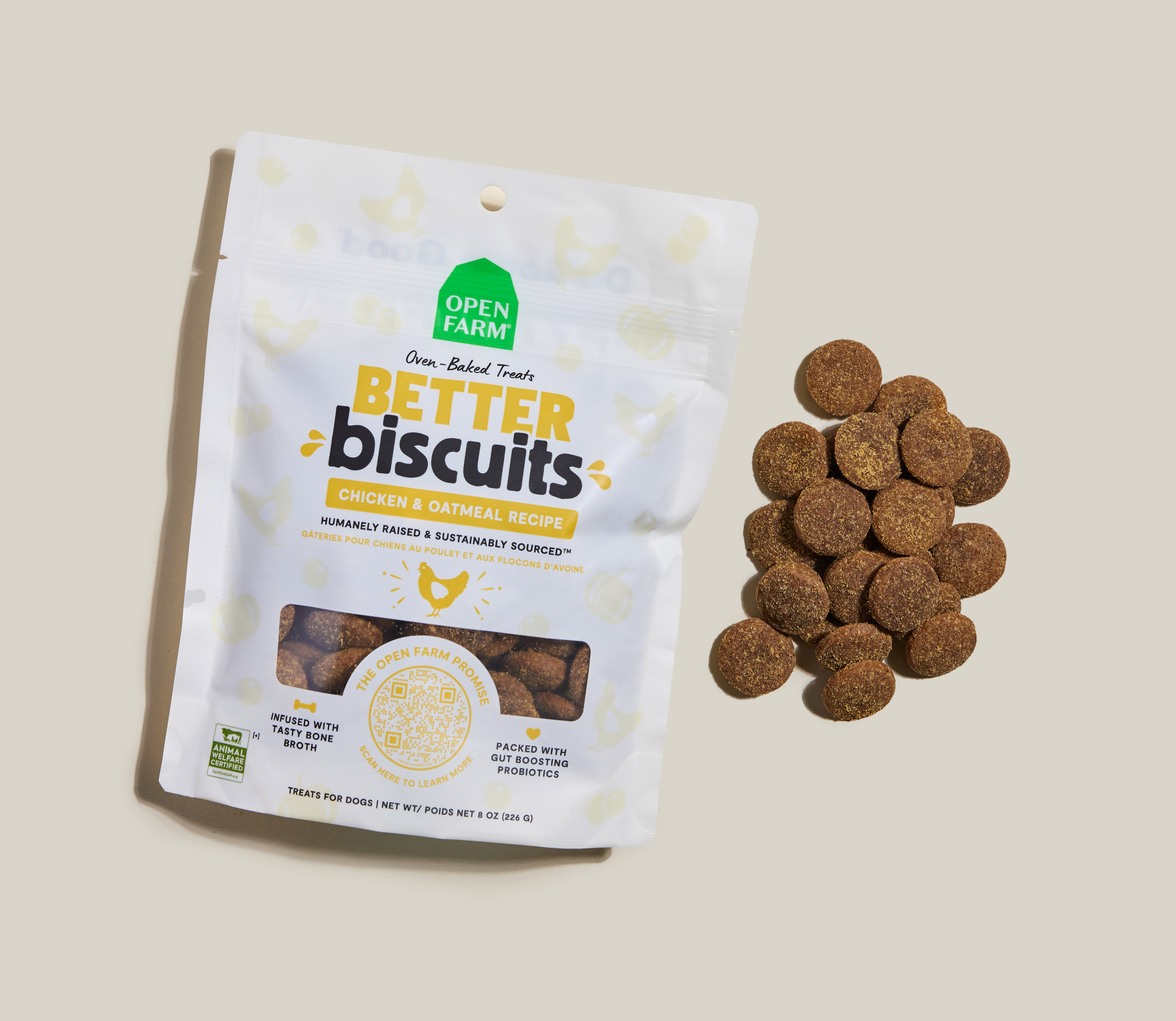 Open Farm Better Biscuits bag with oven-baked biscuits