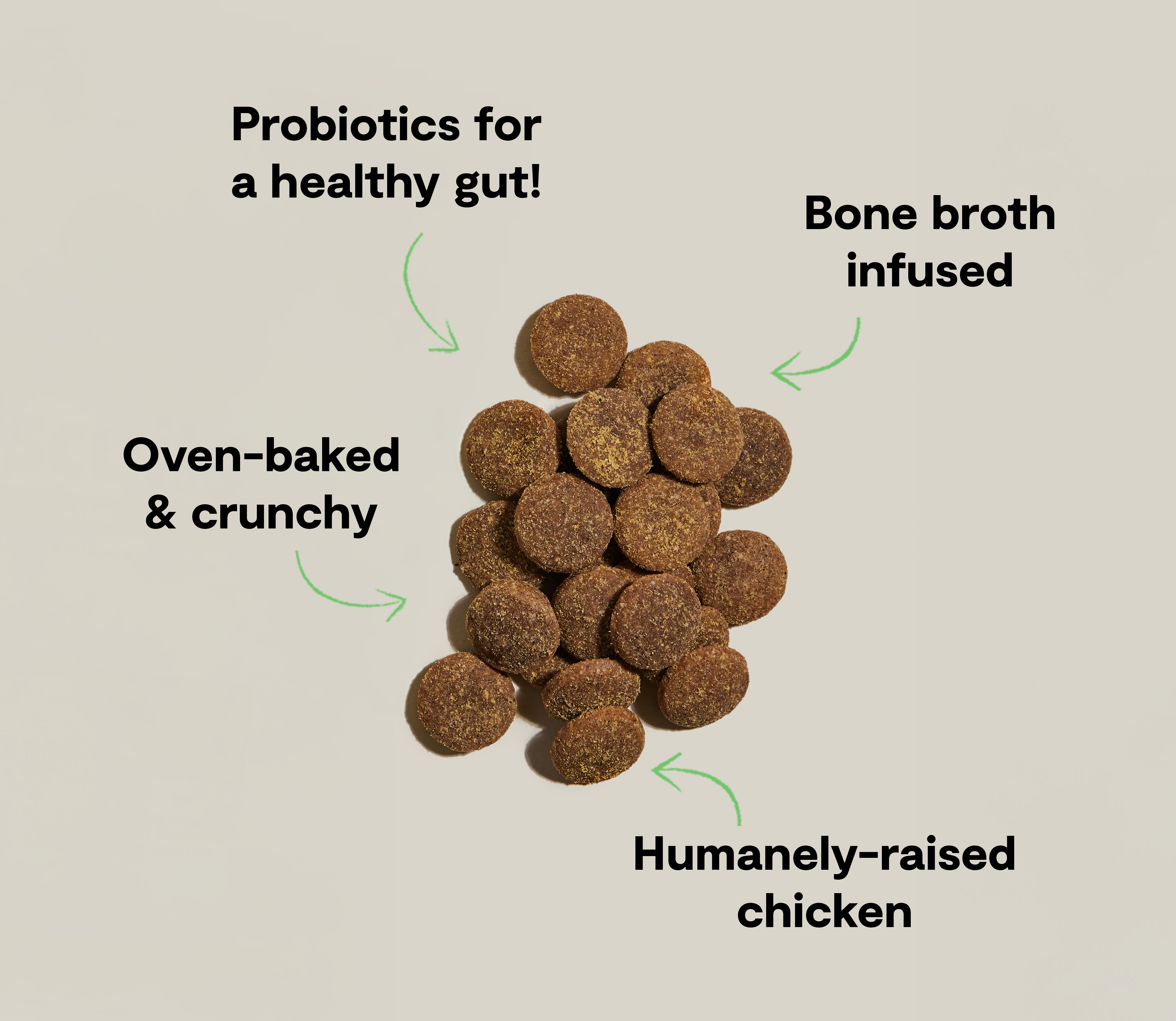 Open Farm Better Biscuits key benefits: probiotics, bone broth infused, oven-baked, humanely-raised chicken