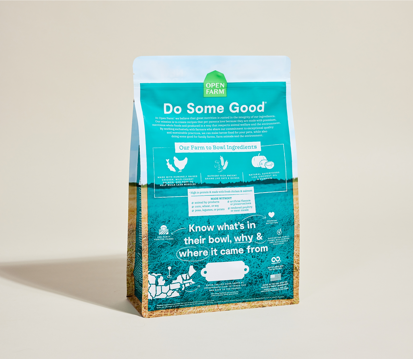 Open Farm Puppy Chicken, Salmon & Ancient Grains Dog Kibble back of bag with ingredients and feeding guide