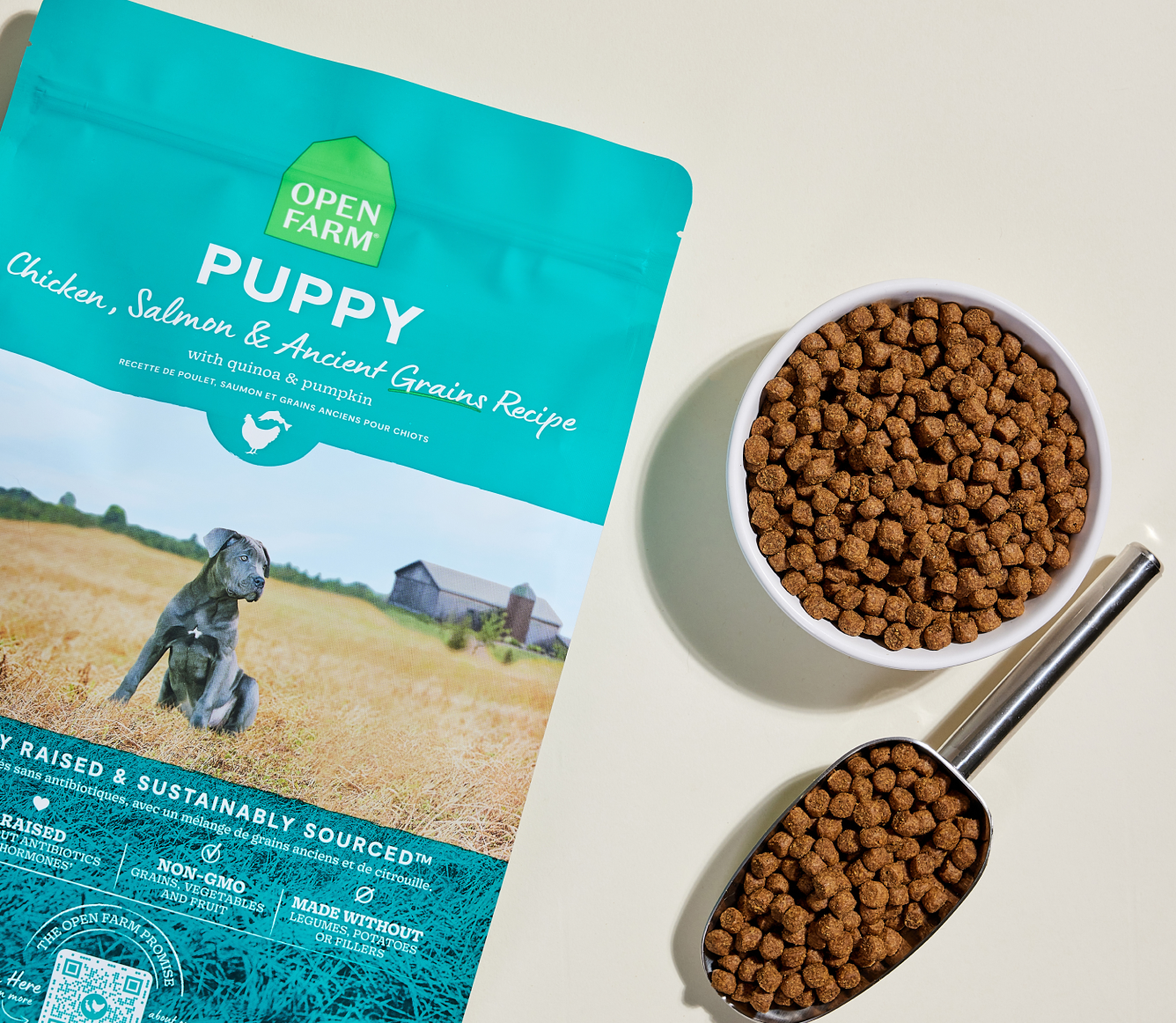 Open Farm Puppy Chicken, Salmon & Ancient Grains Dog Kibble kibble in a bowl with a serving scoop
