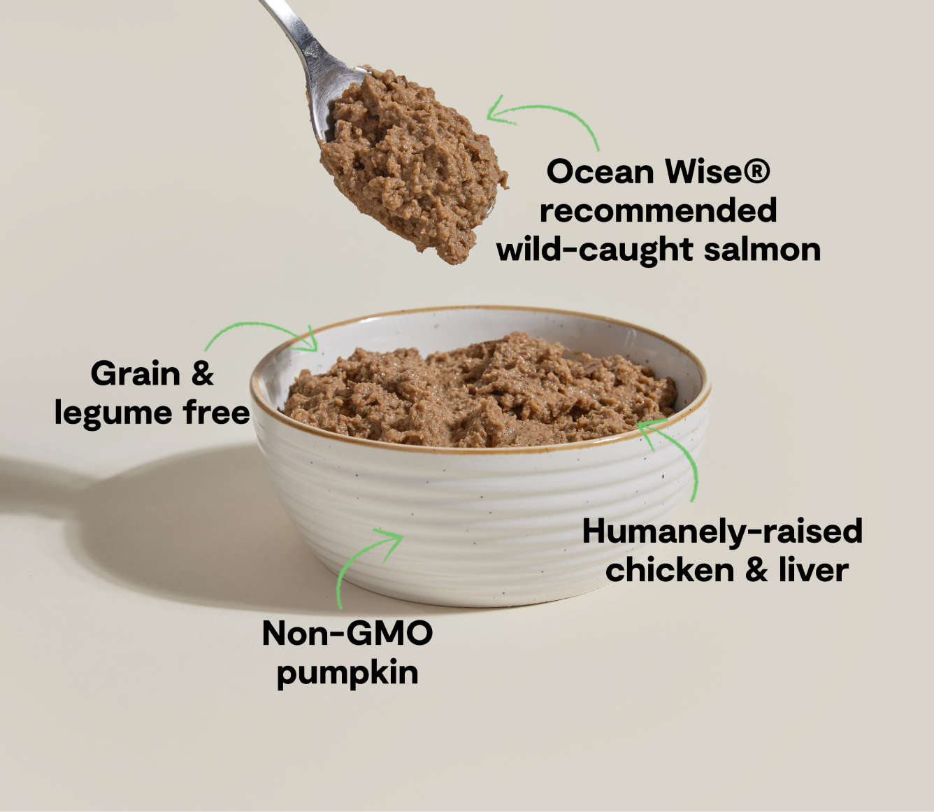 Open Farm chicken & salmon pâté benefits: Ocean Wise recommended wild-caught salmon, grain and legume free, non-GMO pumpkin, humanely-raised chicken and liver