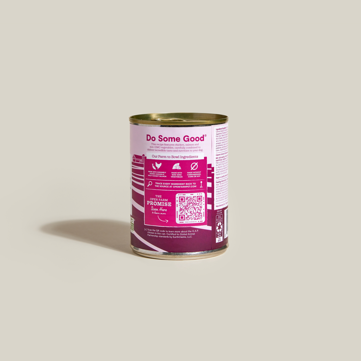 Open Farm Chicken & Salmon Pâté for Dogs -- 12.5 oz can back label with feeding guide