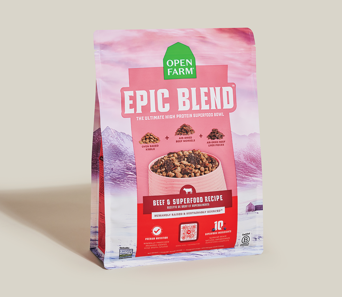 Open Farm Epic Blend Beef & Superfood dog food bag angled view