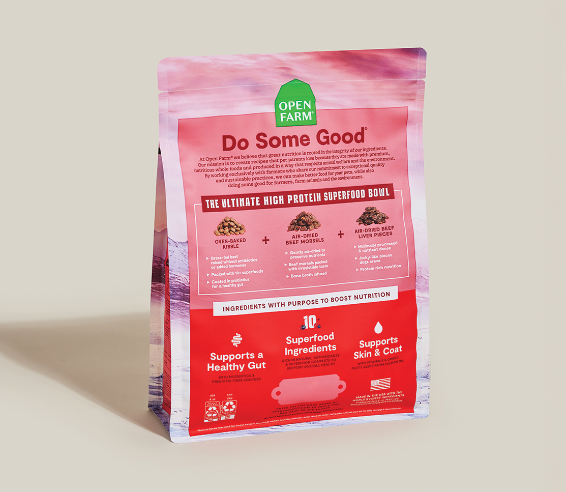 Open Farm Epic Blend Beef & Superfood bag back with recipe details
