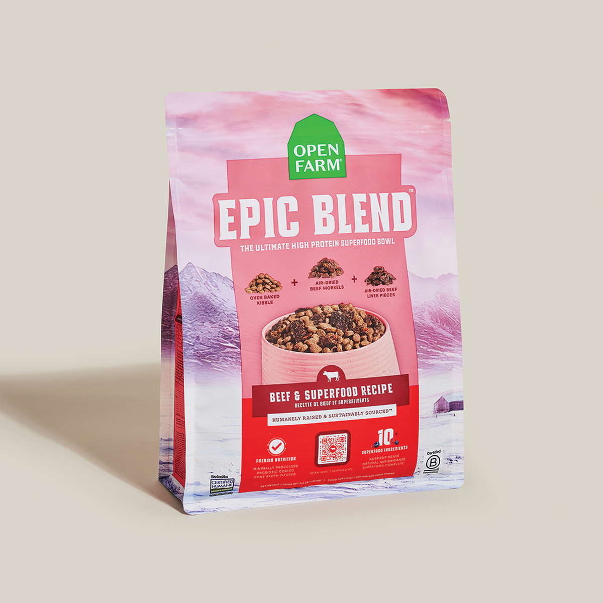 Open Farm Epic Blend Beef & Superfood Dry Dog Food -- open farm epic blend beef & superfood dog food bag angled view