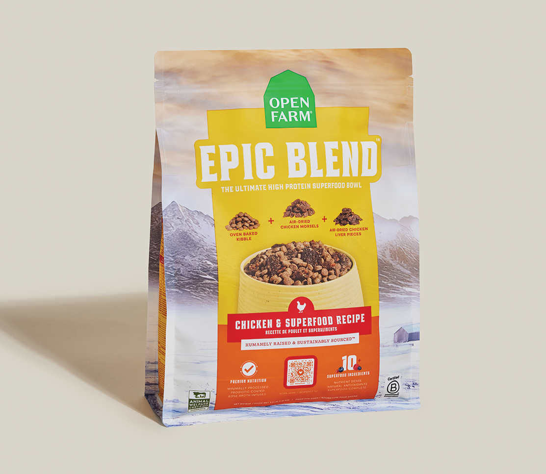 Open Farm Epic Blend Chicken & Superfood dog food bag angled view
