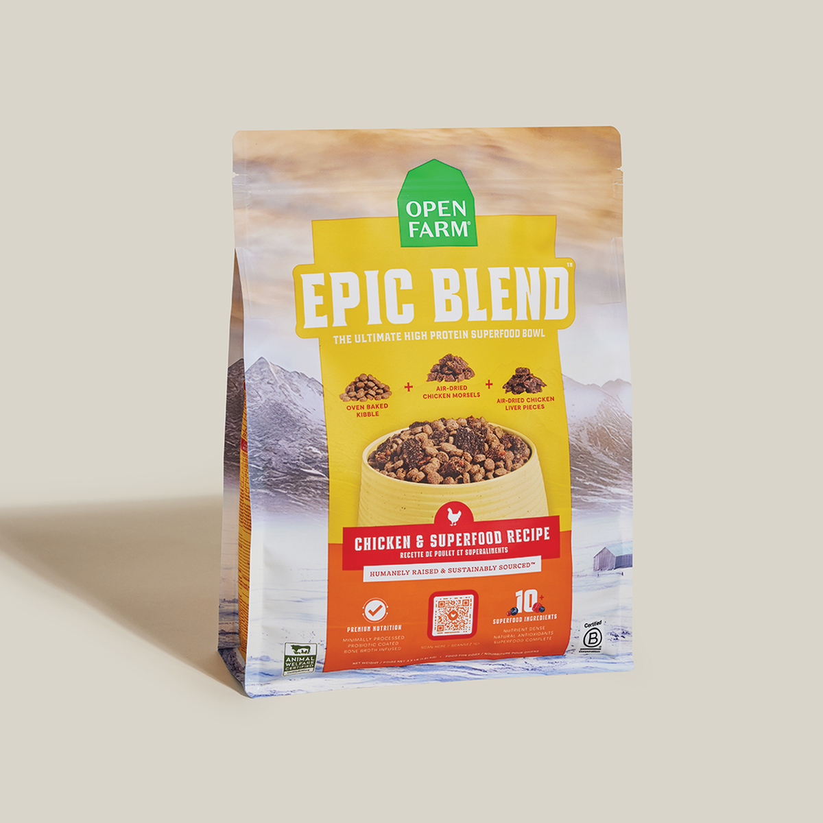 Open Farm Epic Blend Chicken & Superfood Dry Dog Food -- open farm epic blend chicken & superfood dog food bag angled view