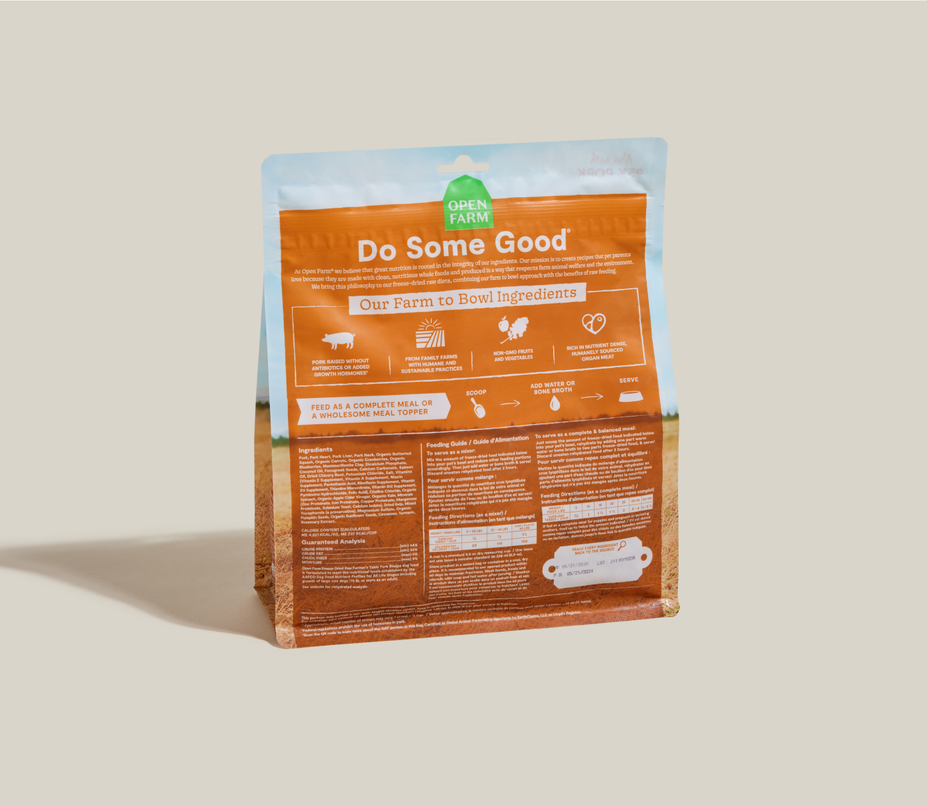 Open Farm Farmer's Table Pork Freeze Dried Raw Morsels bag back with ingredients and feeding guide