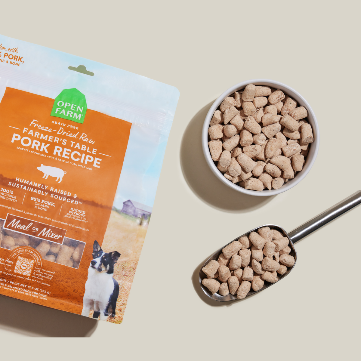 Open Farm Farmer's Table Pork Freeze Dried Raw Morsels for Dogs -- open farm farmer's table pork freeze dried morsels in a bowl and measuring scoop