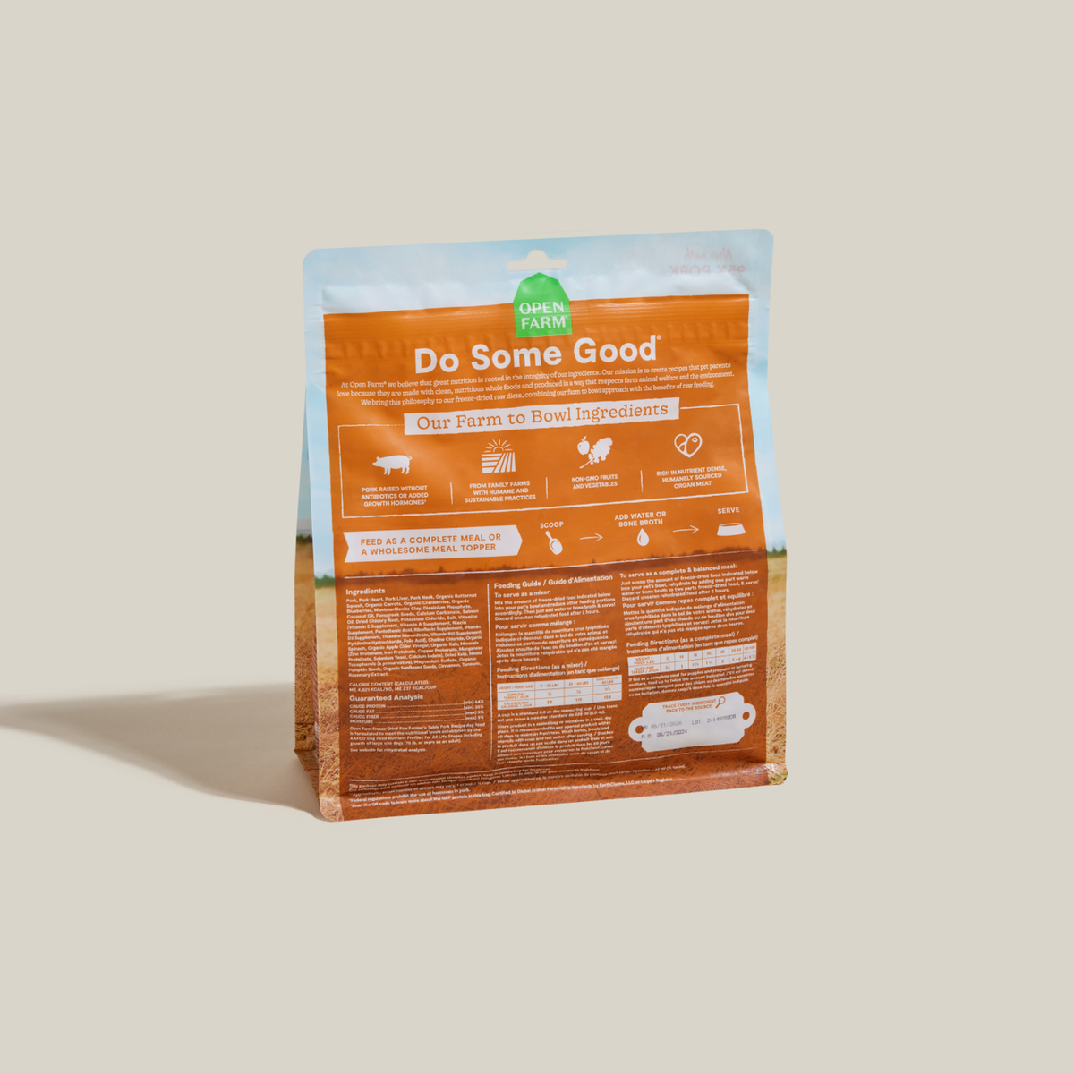 Open Farm Farmer's Table Pork Freeze Dried Raw Morsels for Dogs -- open farm farmer's table pork freeze dried raw morsels bag back with ingredients and feeding guide