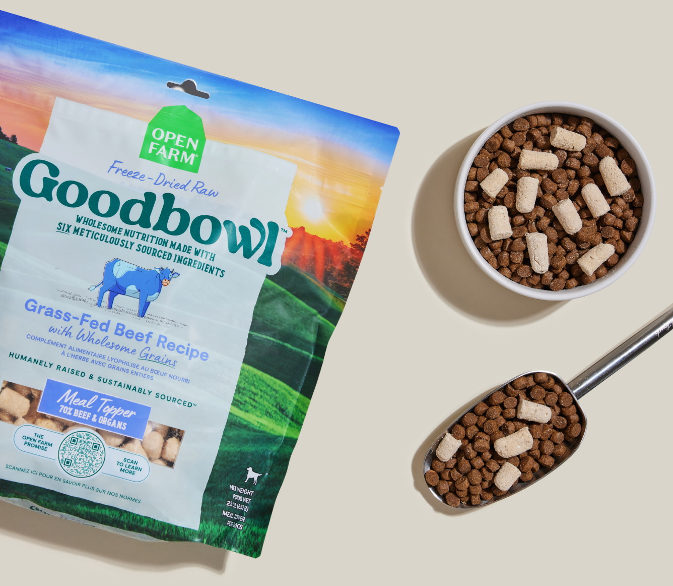 Open Farm Goodbowl Grass-Fed Beef morsels mixed in a bowl and measuring scoop