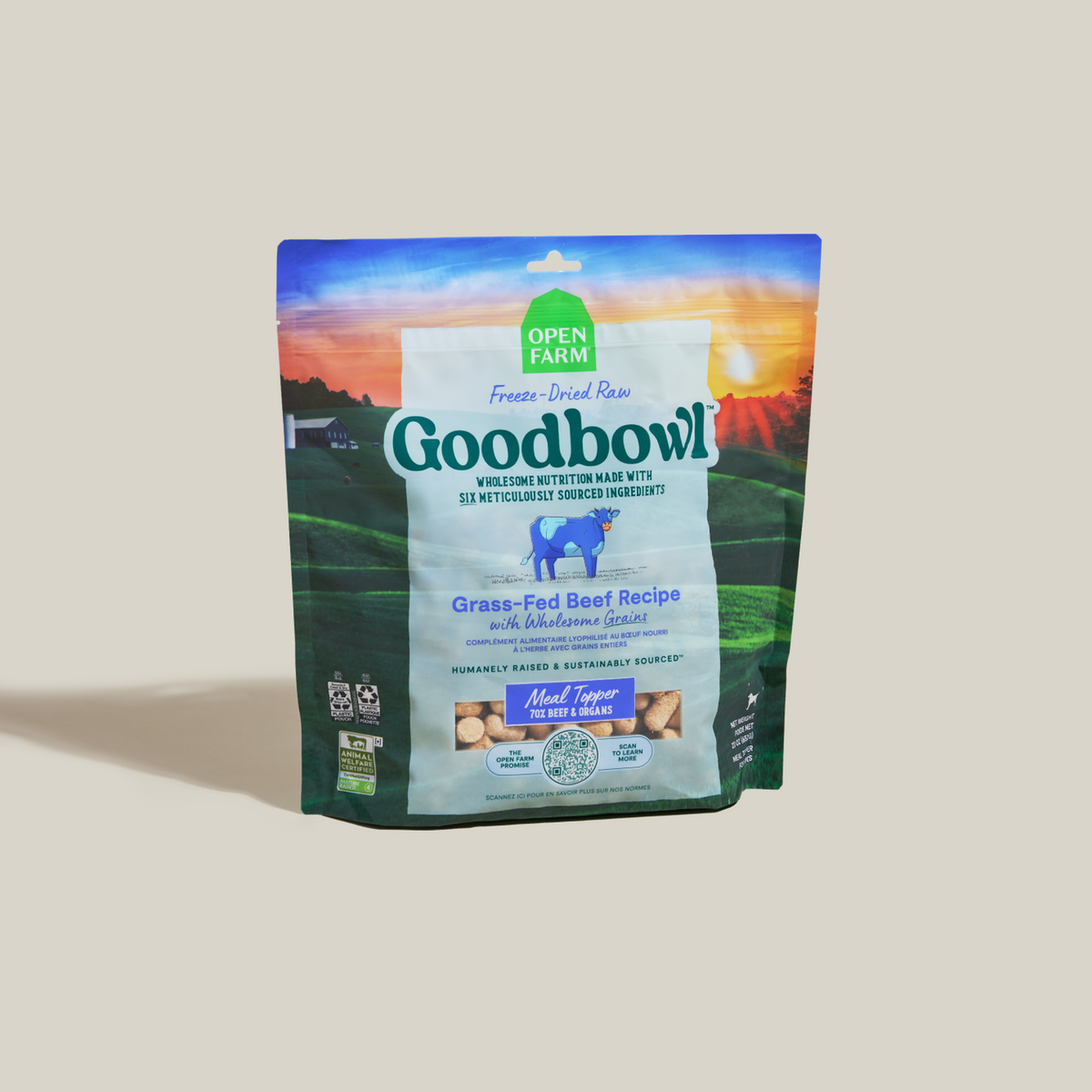 Open Farm Goodbowl Grass-Fed Beef Freeze Dried Raw Morsels for Dogs -- open farm goodbowl grass-fed beef freeze dried raw meal topper bag front