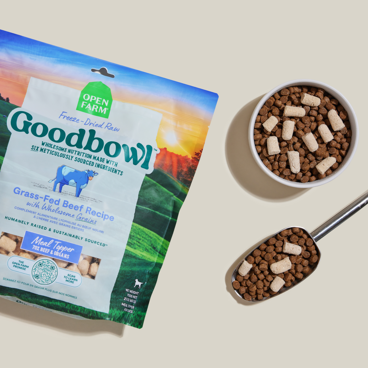 Open Farm Goodbowl Grass-Fed Beef Freeze Dried Raw Morsels for Dogs -- open farm goodbowl grass-fed beef morsels mixed in a bowl and measuring scoop