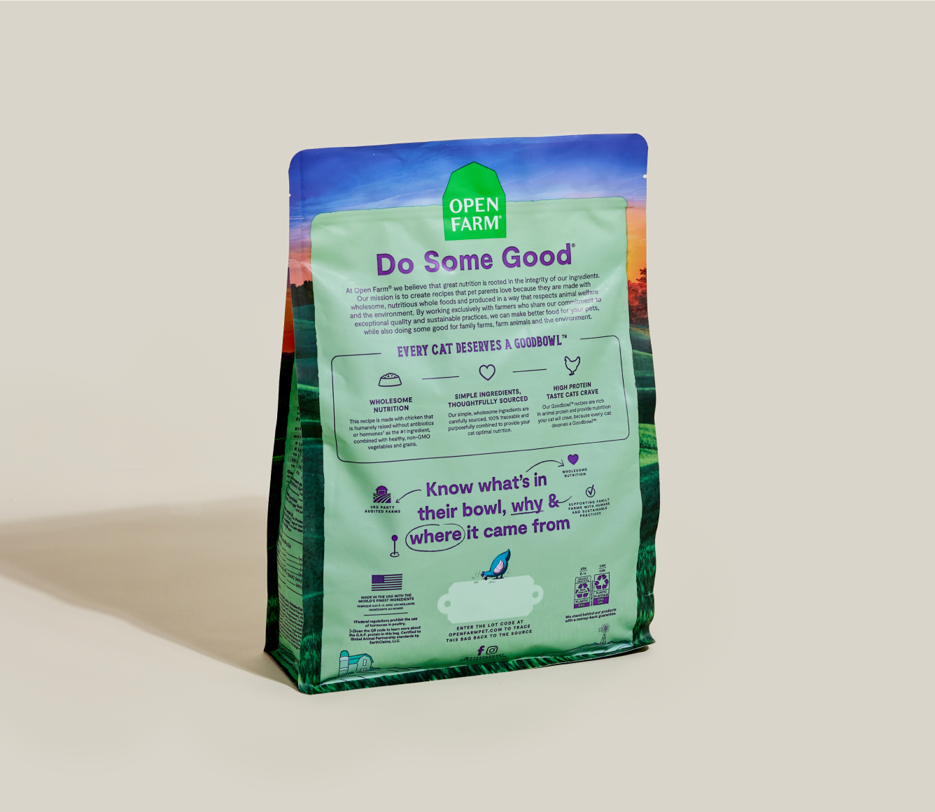 Open Farm Goodbowl Harvest Chicken & Brown Rice Cat Kibble back of bag with ingredients and feeding guide