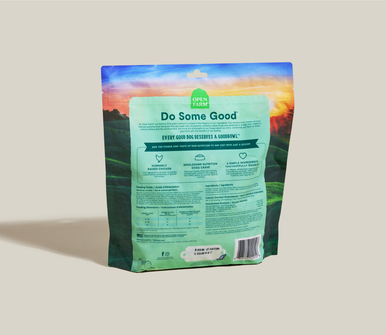 Open Farm Goodbowl Harvest Chicken meal topper bag back with ingredients and feeding guide