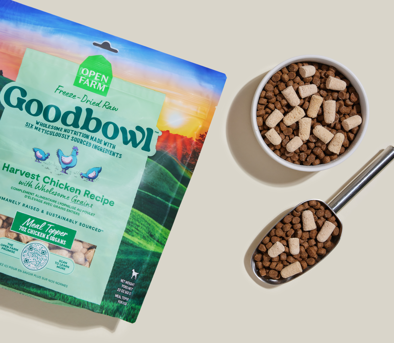 Open Farm Goodbowl Harvest Chicken morsels mixed in a bowl and measuring scoop
