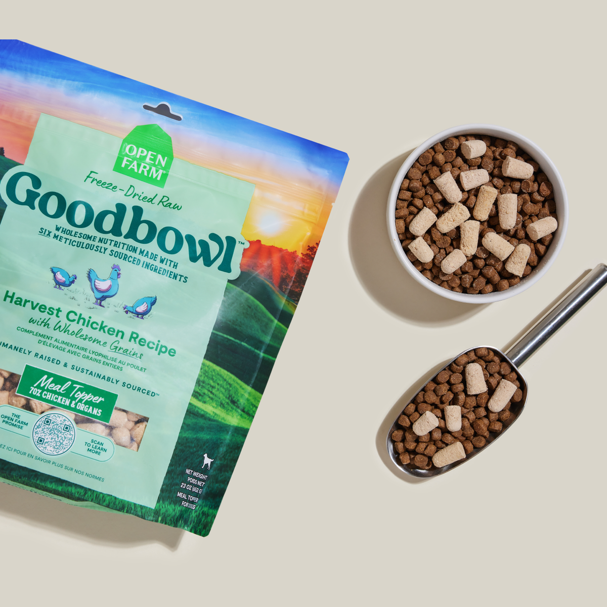Open Farm Goodbowl Harvest Chicken Freeze Dried Raw Morsels for Dogs -- open farm goodbowl harvest chicken morsels mixed in a bowl and measuring scoop
